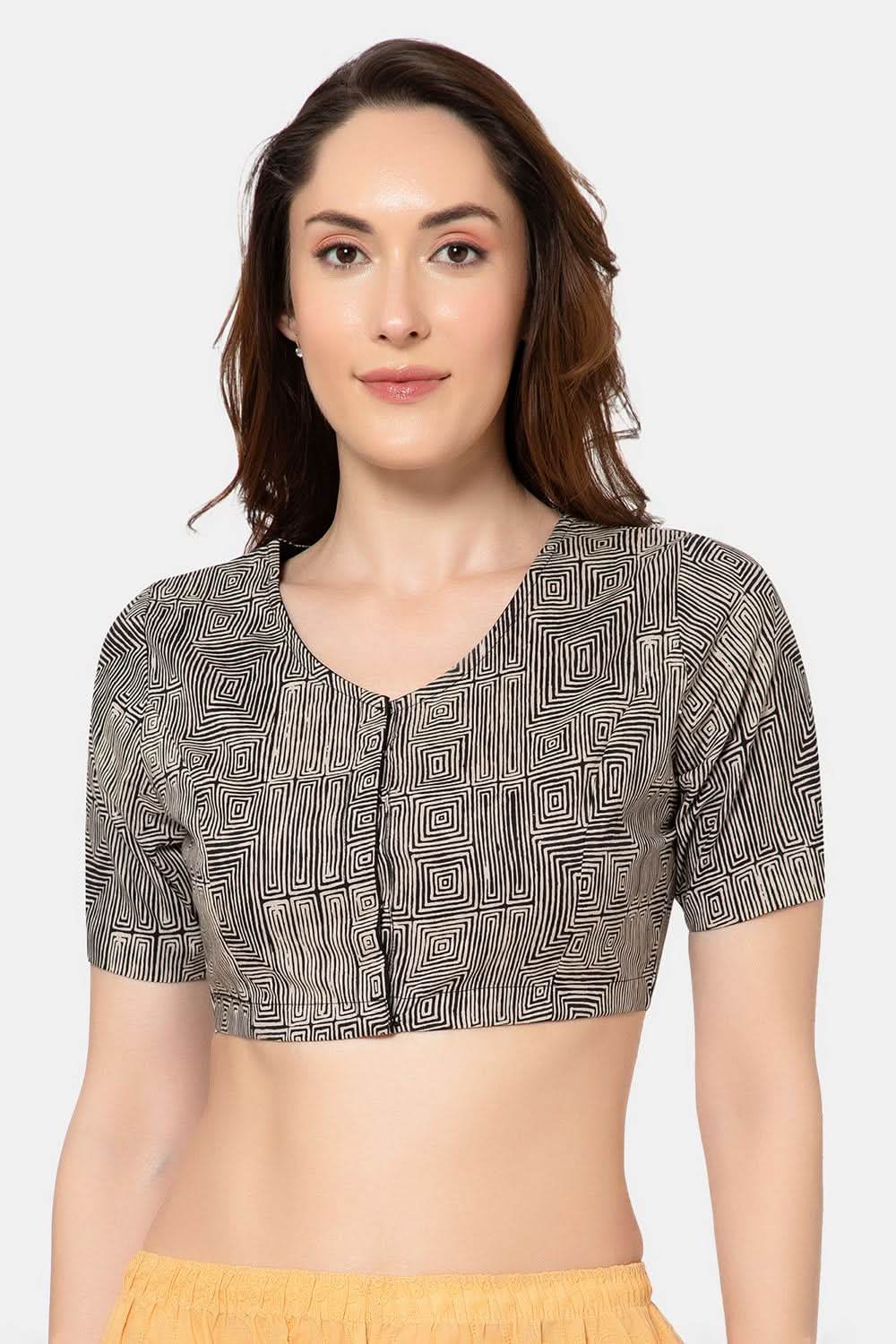 Naidu Hall Elegant Block Print Cotton Blouse for Women with V-Neck, Elbow Sleeves, and Soft Inner Lining - Black - BU15 - Naidu Hall Family Store