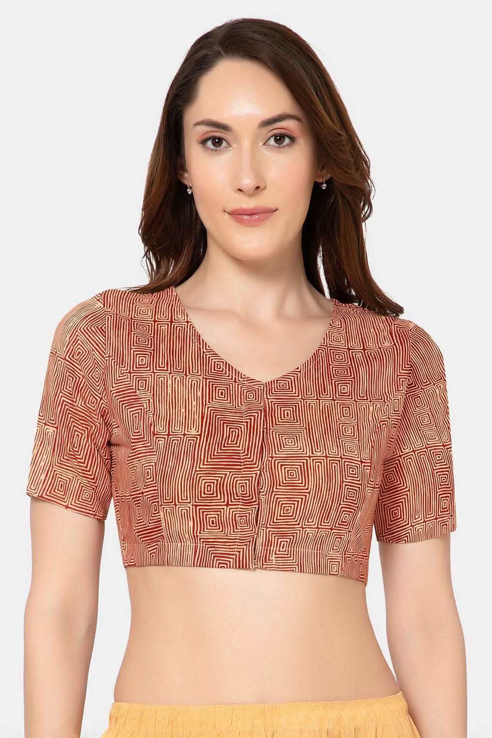 Naidu Hall Elegant Block Print Cotton Blouse for Women with V-Neck, Elbow Sleeves, and Soft Inner Lining - Red - BU15 - Naidu Hall Family Store