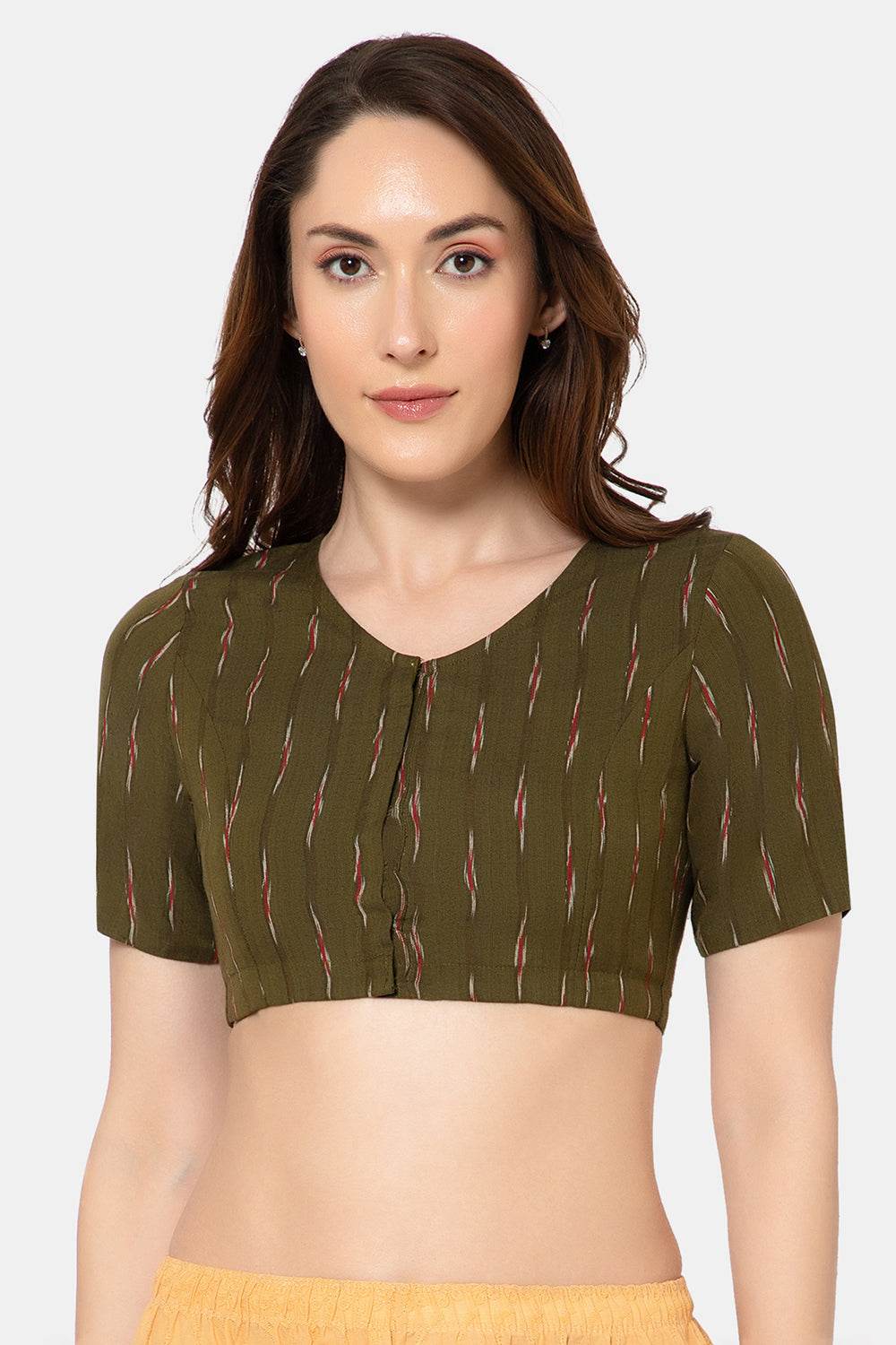 Naidu Hall Women’s Designer Cotton Ikat Blouse V-Neck Front Open with Elbow Sleeves - Olive - BU16 - Naidu Hall Family Store