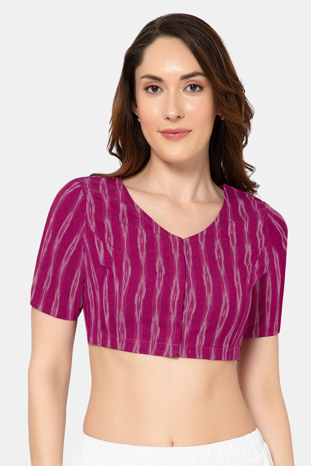 Naidu Hall Women’s Designer Cotton Ikat Blouse V-Neck Front Open with Elbow Sleeves - Purple - BU16