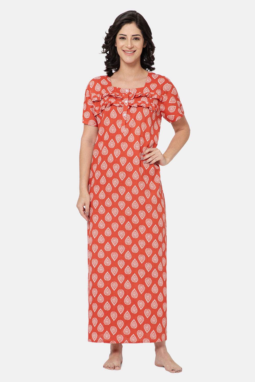Naidu Hall Women's Printed A-Line Nighty with Square Neck and Ruffle Detailing - Red - N102 - Naidu Hall Family Store