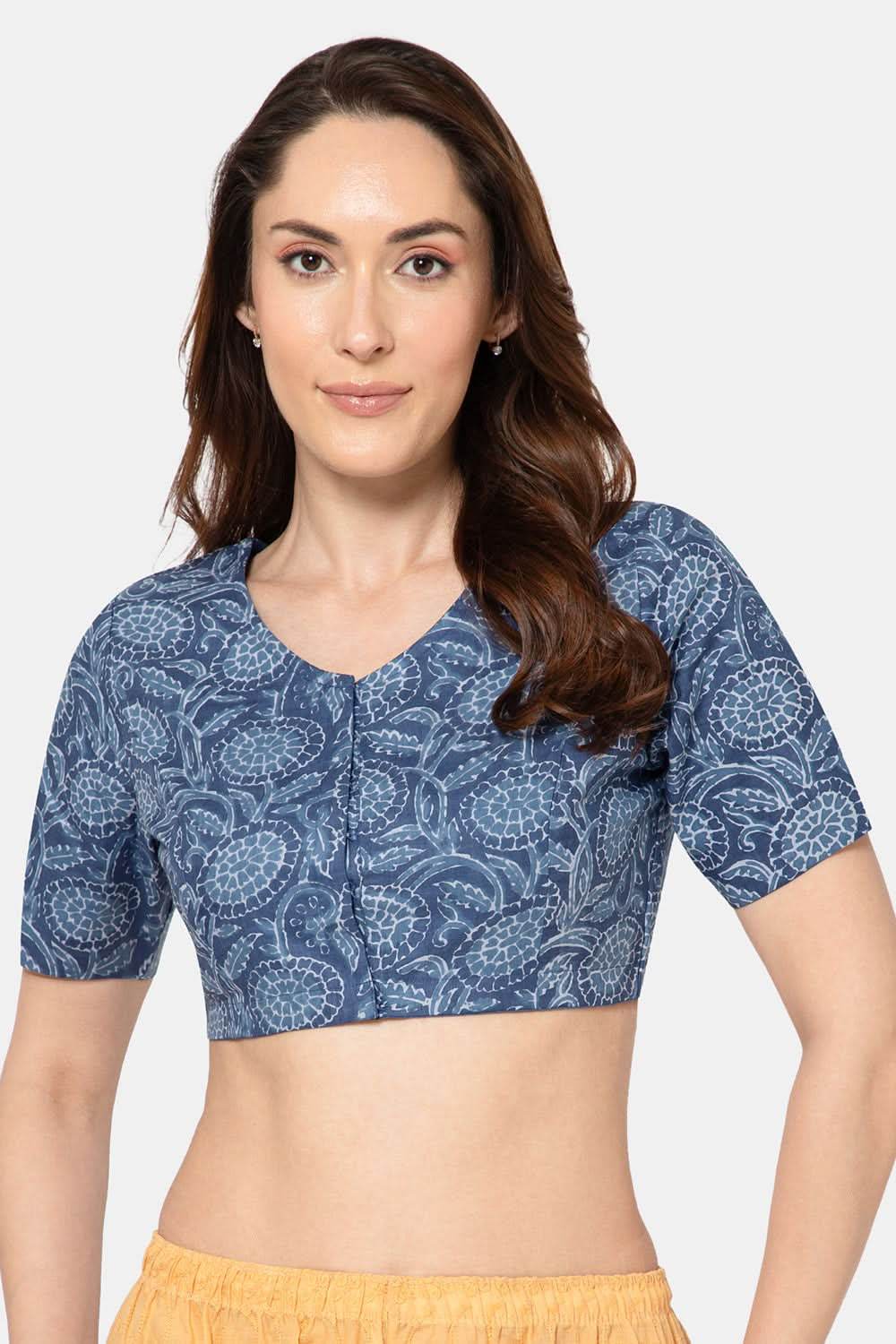 Naidu Hall Elegant Block Print Cotton Blouse for Women with V-Neck, Elbow Sleeves, and Soft Inner Lining - Light Blue - BU15 - Naidu Hall Family Store