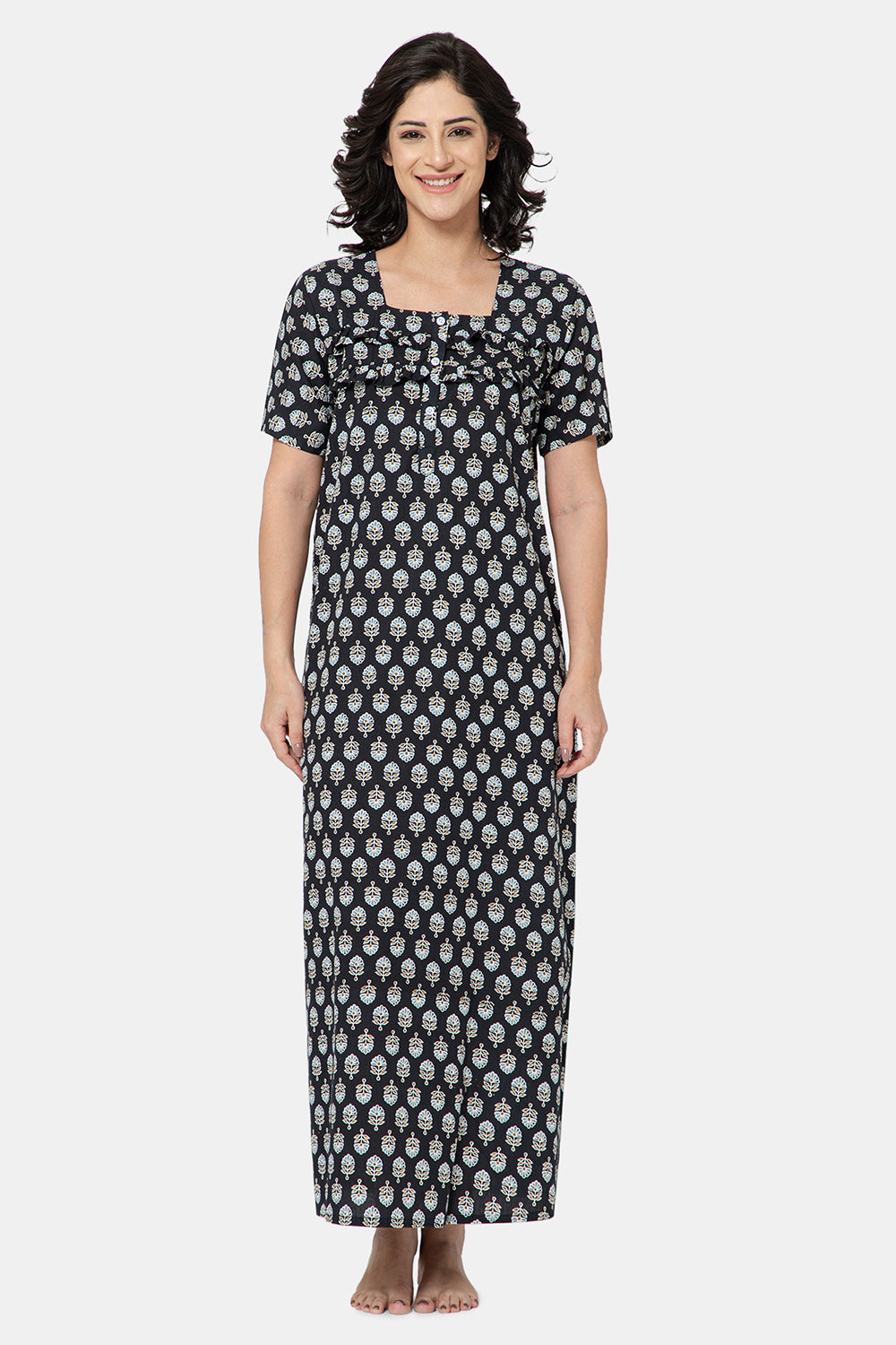 Naidu Hall Women's Printed A-Line Nighty with Square Neck and Ruffle Detailing - Black - N103