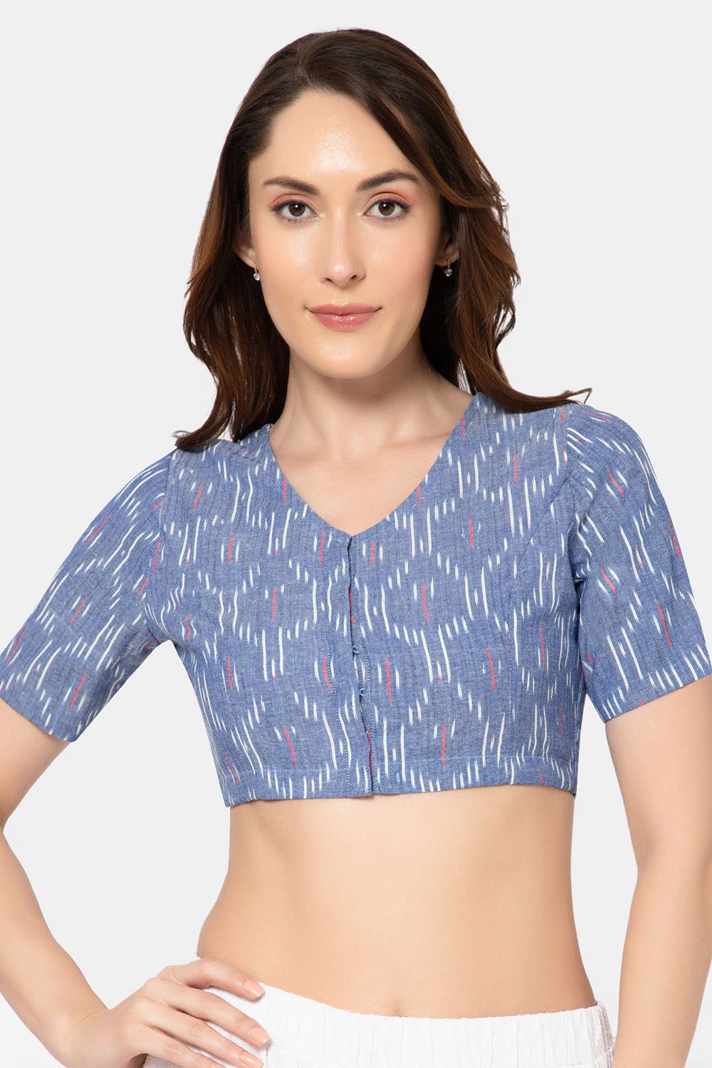 Naidu Hall Women’s Designer Cotton Ikat Blouse V-Neck Front Open with Elbow Sleeves - Navy Blue - BU16