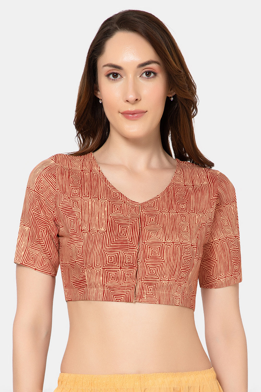 Naidu Hall Women’s Designer Cotton Ikat Blouse V-Neck Front Open with Elbow Sleeves - Red - BU16
