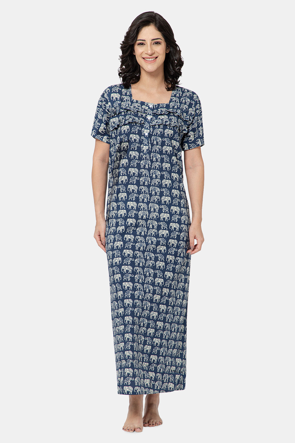 Naidu Hall Women's Printed A-Line Nighty with Square Neck and Ruffle Detailing - Dark Blue - N104