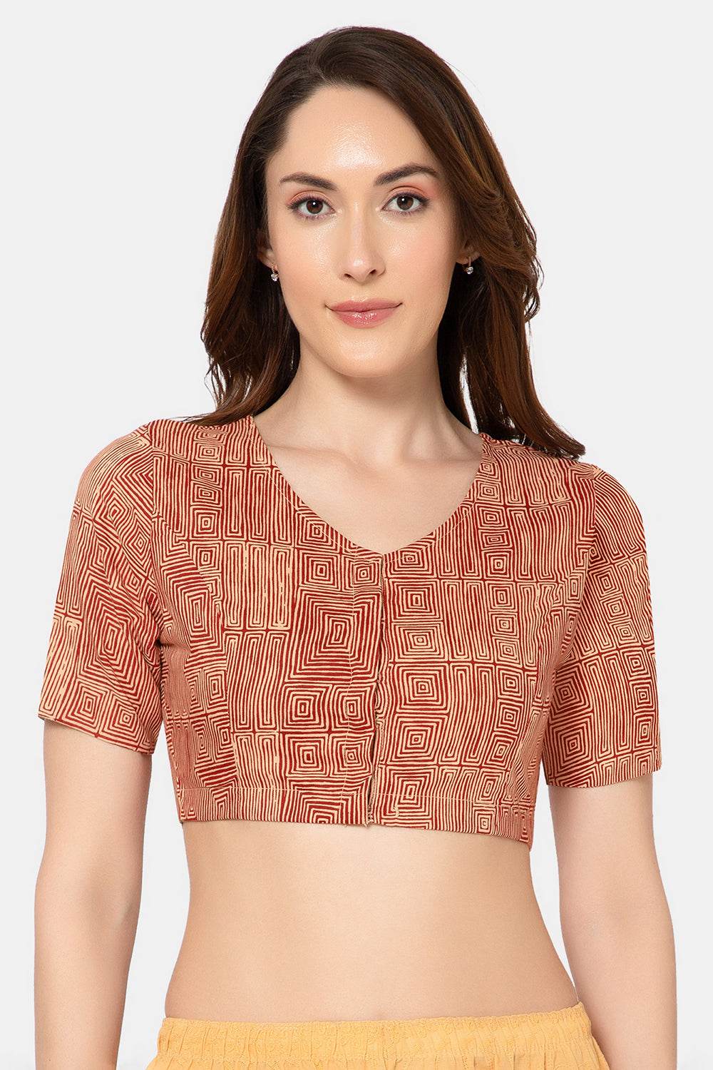 Naidu Hall Women’s Designer Cotton Ikat Blouse V-Neck Front Open with Elbow Sleeves - Brown - BU16 - Naidu Hall Family Store