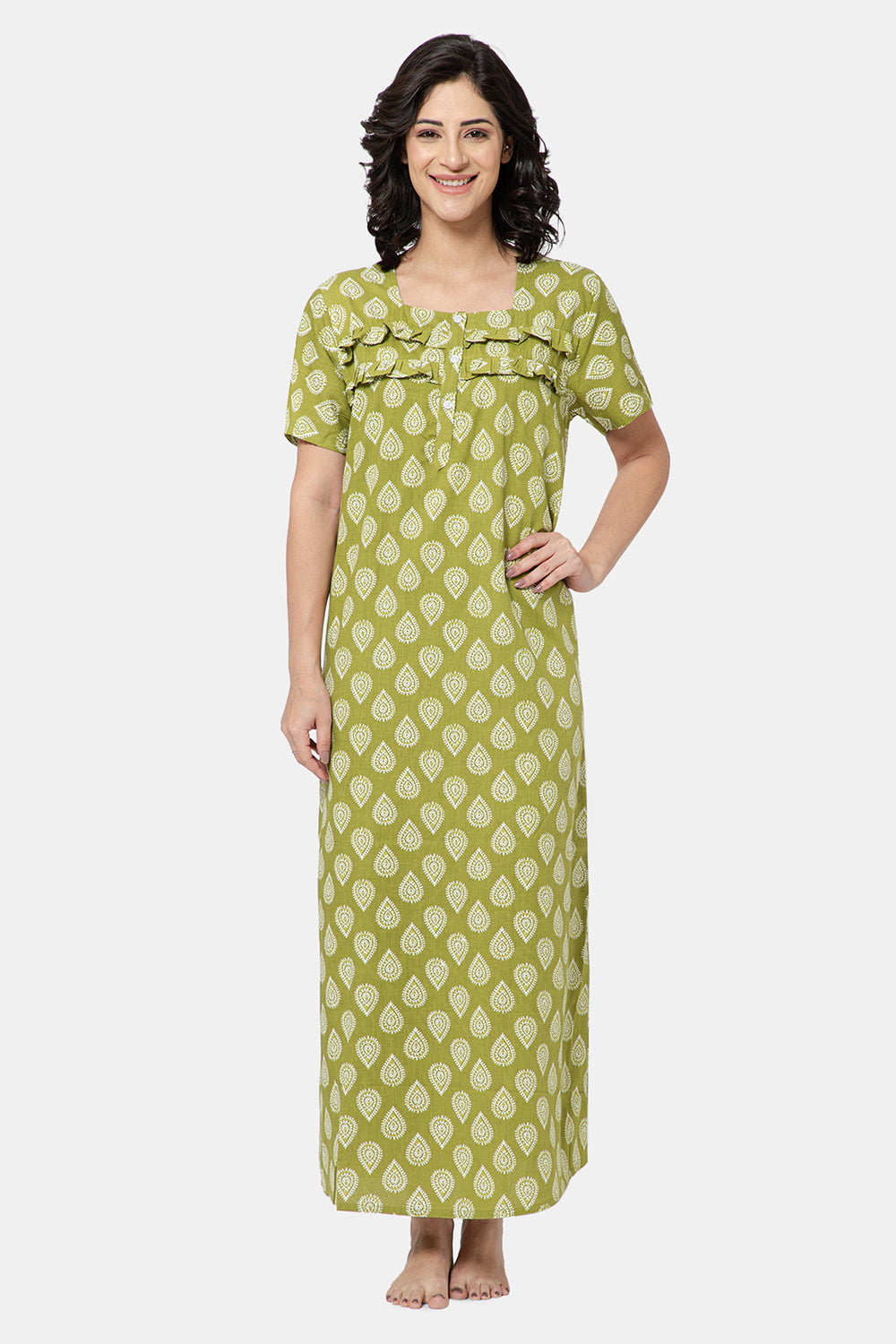 Naidu Hall Women's Printed A-Line Nighty with Square Neck and Ruffle Detailing - Green - N101