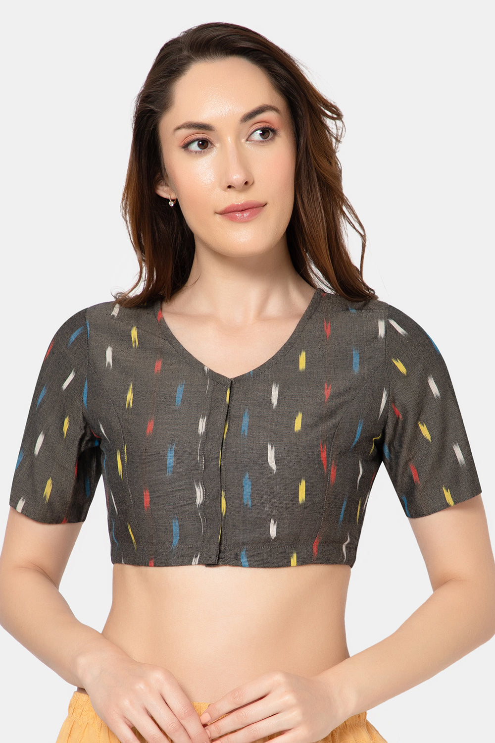 Naidu Hall Women’s Designer Cotton Ikat Blouse V-Neck Front Open with Elbow Sleeves - Black Print 1 - BU16