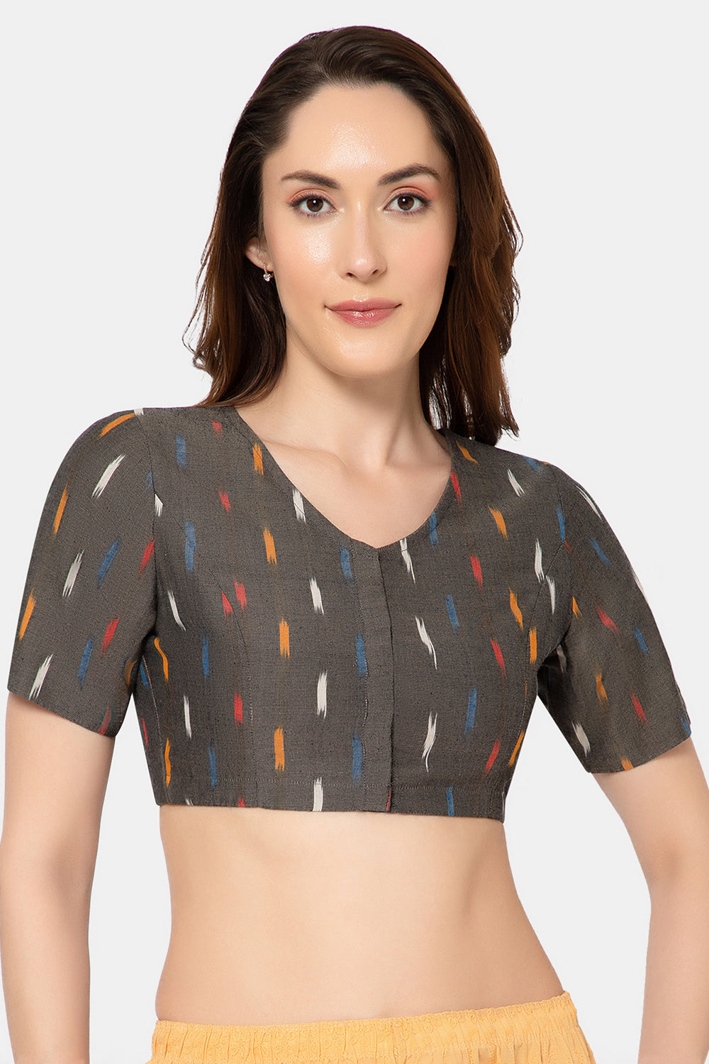 Naidu Hall Women’s Designer Cotton Ikat Blouse V-Neck Front Open with Elbow Sleeves - Blackprint 2 - BU16