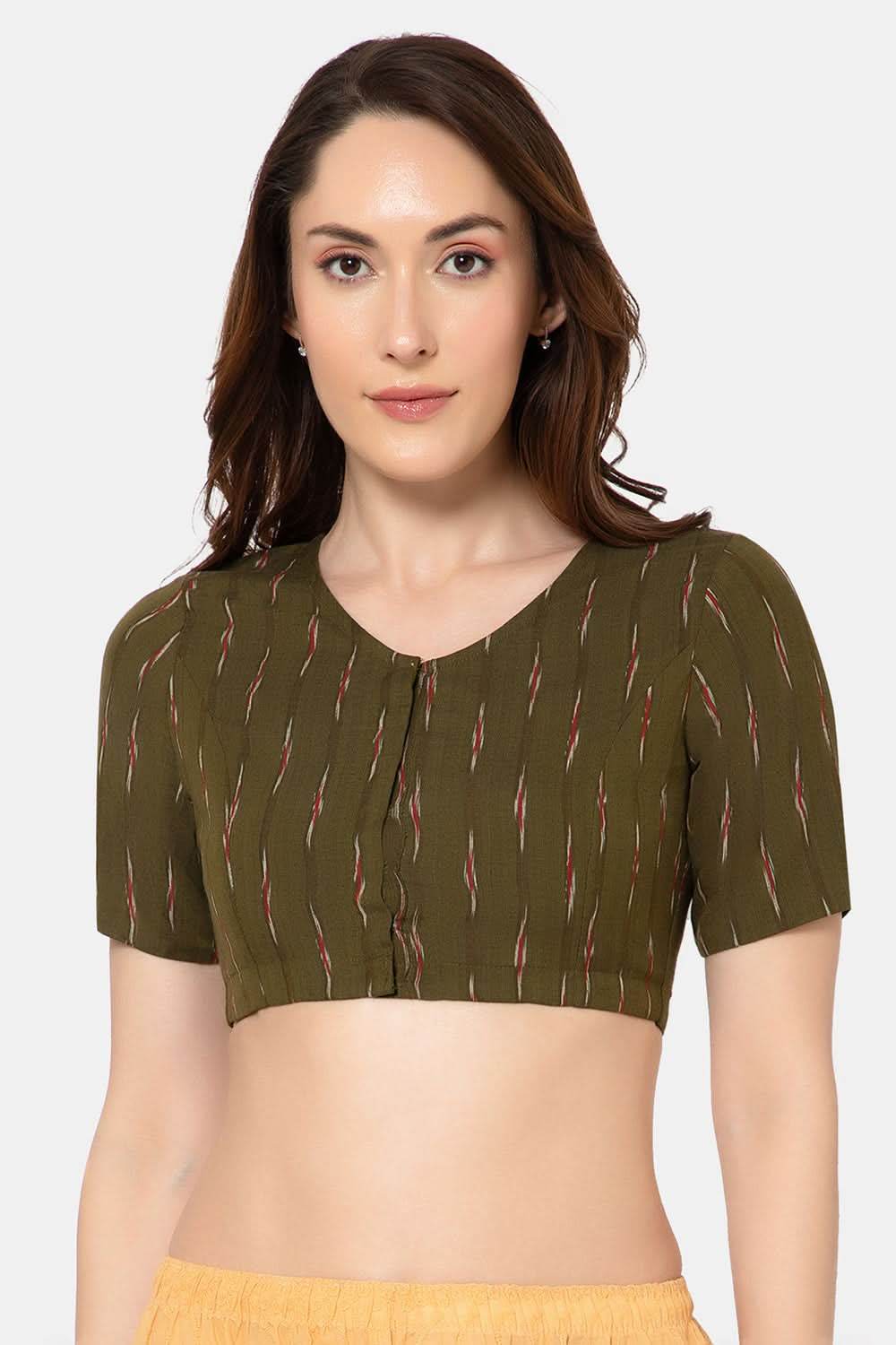 Naidu Hall Designer Cotton Ikat Blouse for Women with V-Neck, Front Open, and Soft Lining - Olive - BU15 - Naidu Hall Family Store