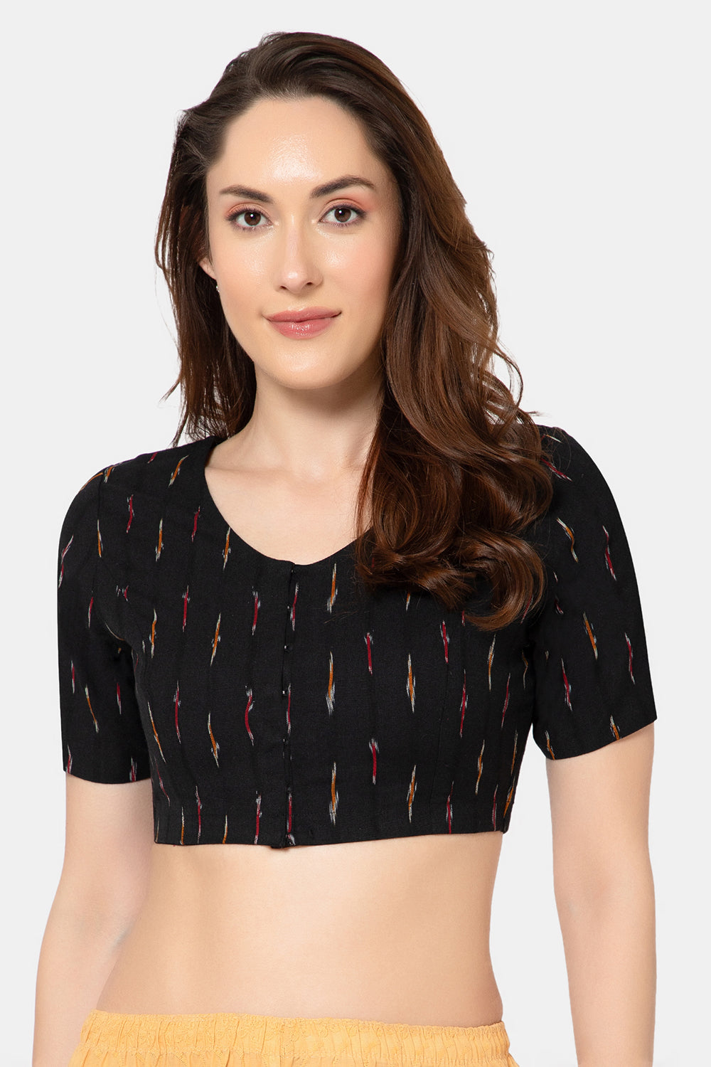 Naidu Hall Women’s Designer Cotton Ikat Blouse V-Neck Front Open with Elbow Sleeves - Black - BU16