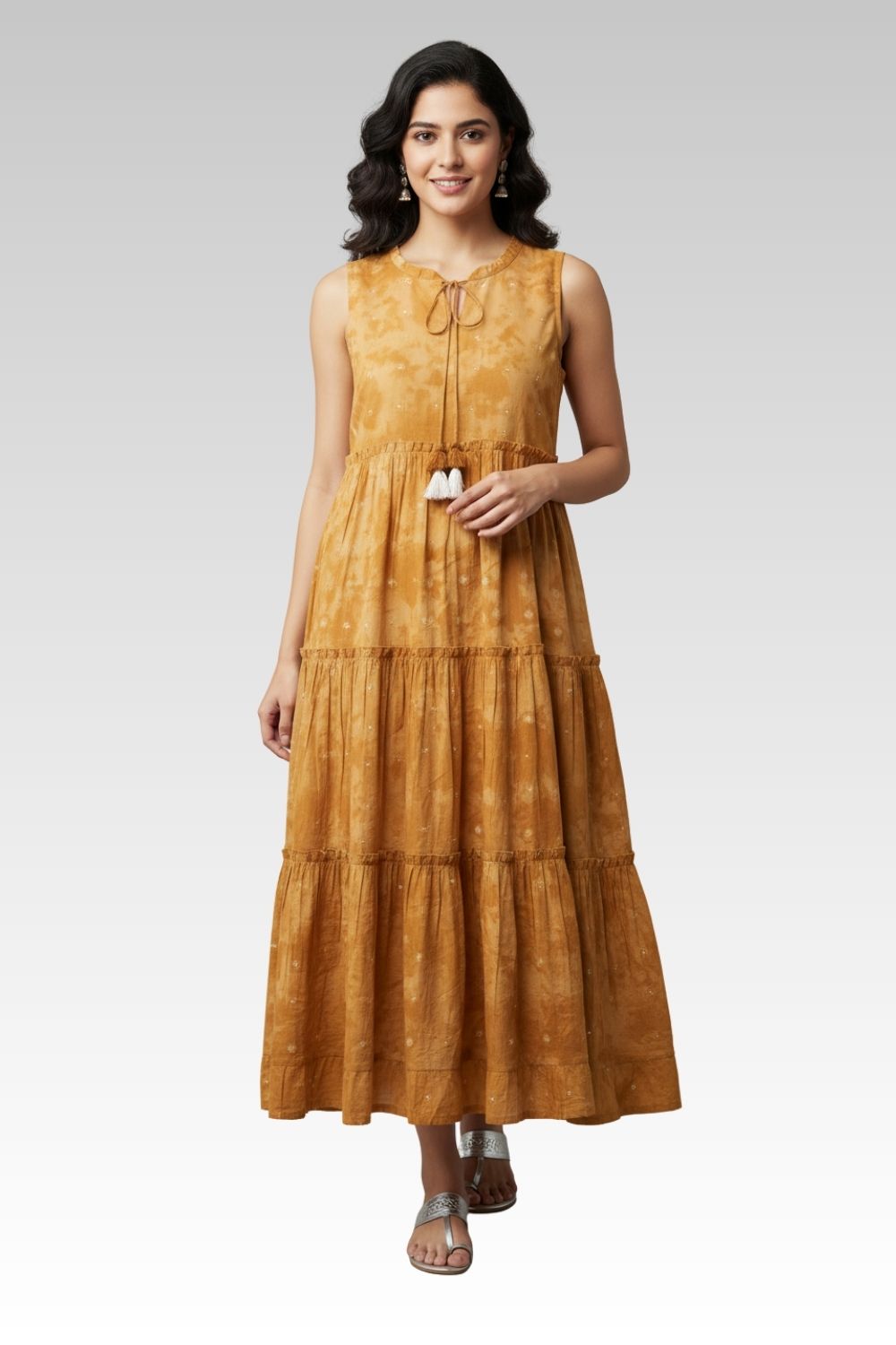 Mythri Women’s Cotton Cambric Dress | Sleeveless Tiered Dress with Frilled Collar & Indigo Shibori Print - Mustard - R504