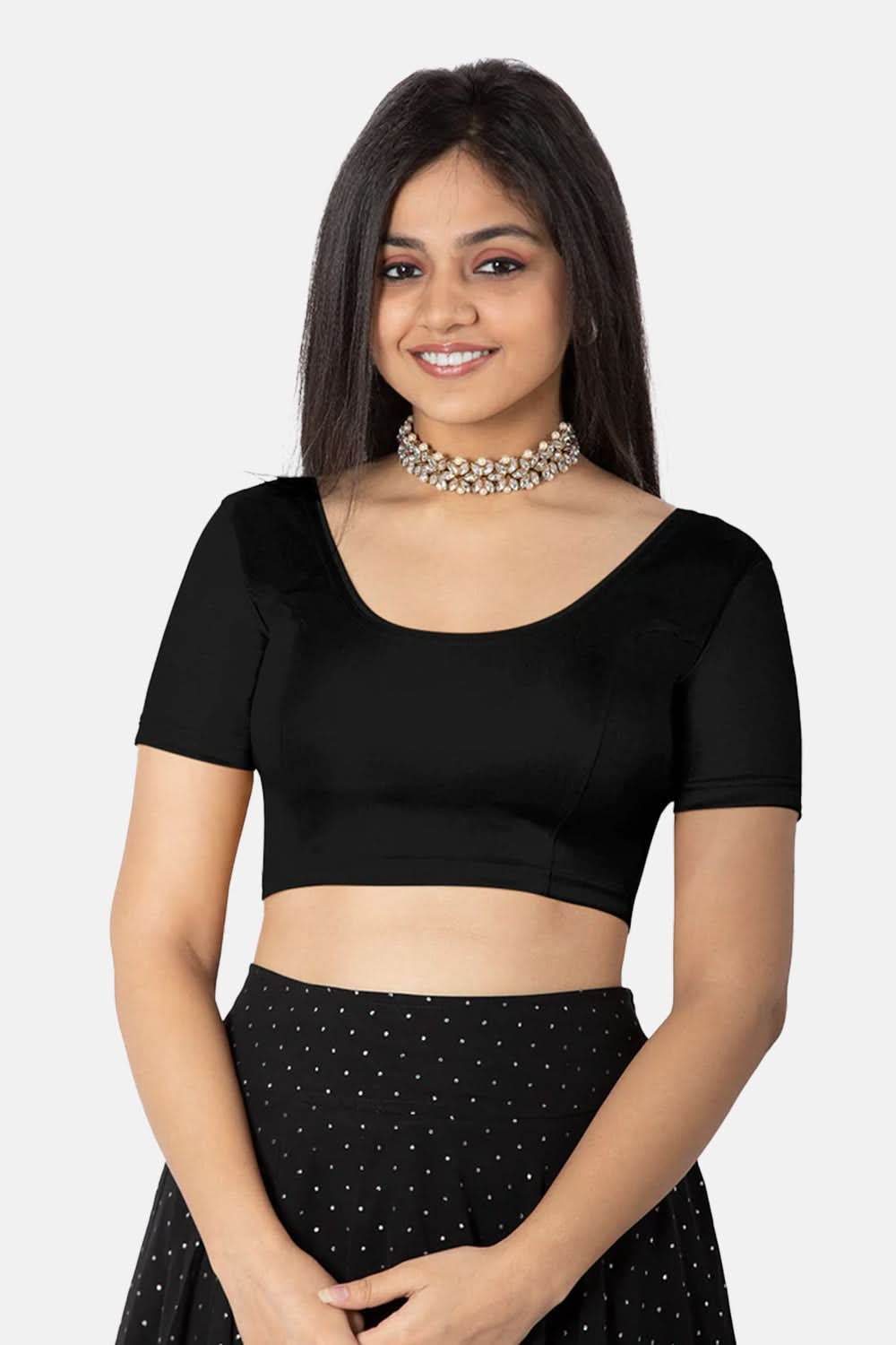 High Coverage Non-Wired Non-Padded Knitted Blouse with Round Neck Princess Cut Short Sleeve - Black Shimmer - Naidu Hall Family Store