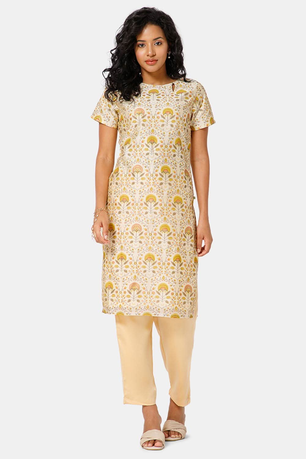 Mythri Boat Neck Short Sleeve Straight Kurti - Yellow - KU57