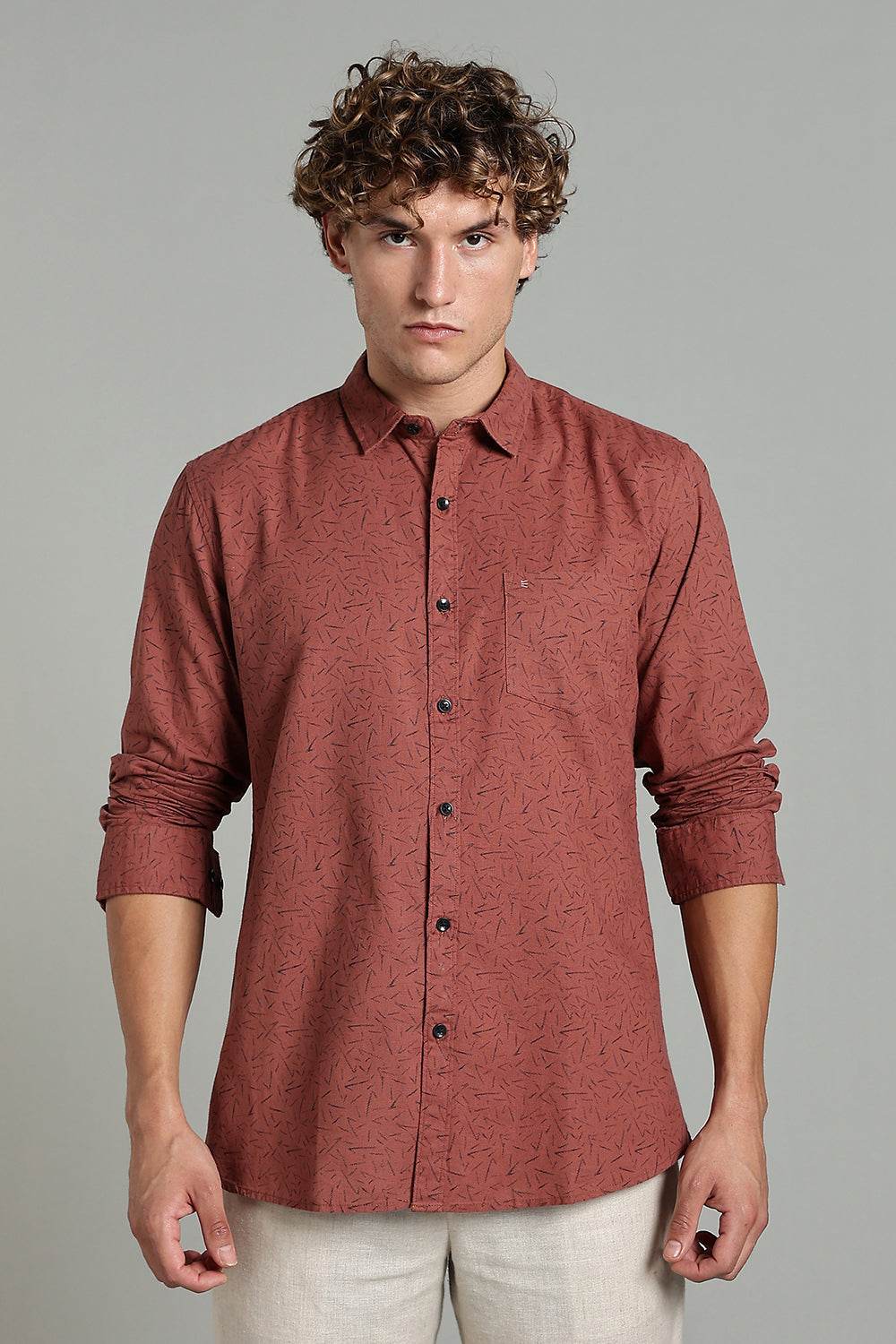 Enhance Men’s Printed Casual Shirt – Full Sleeves with Patch Pocket and Button Cuffs - Rust - SA06 - Naidu Hall Family Store