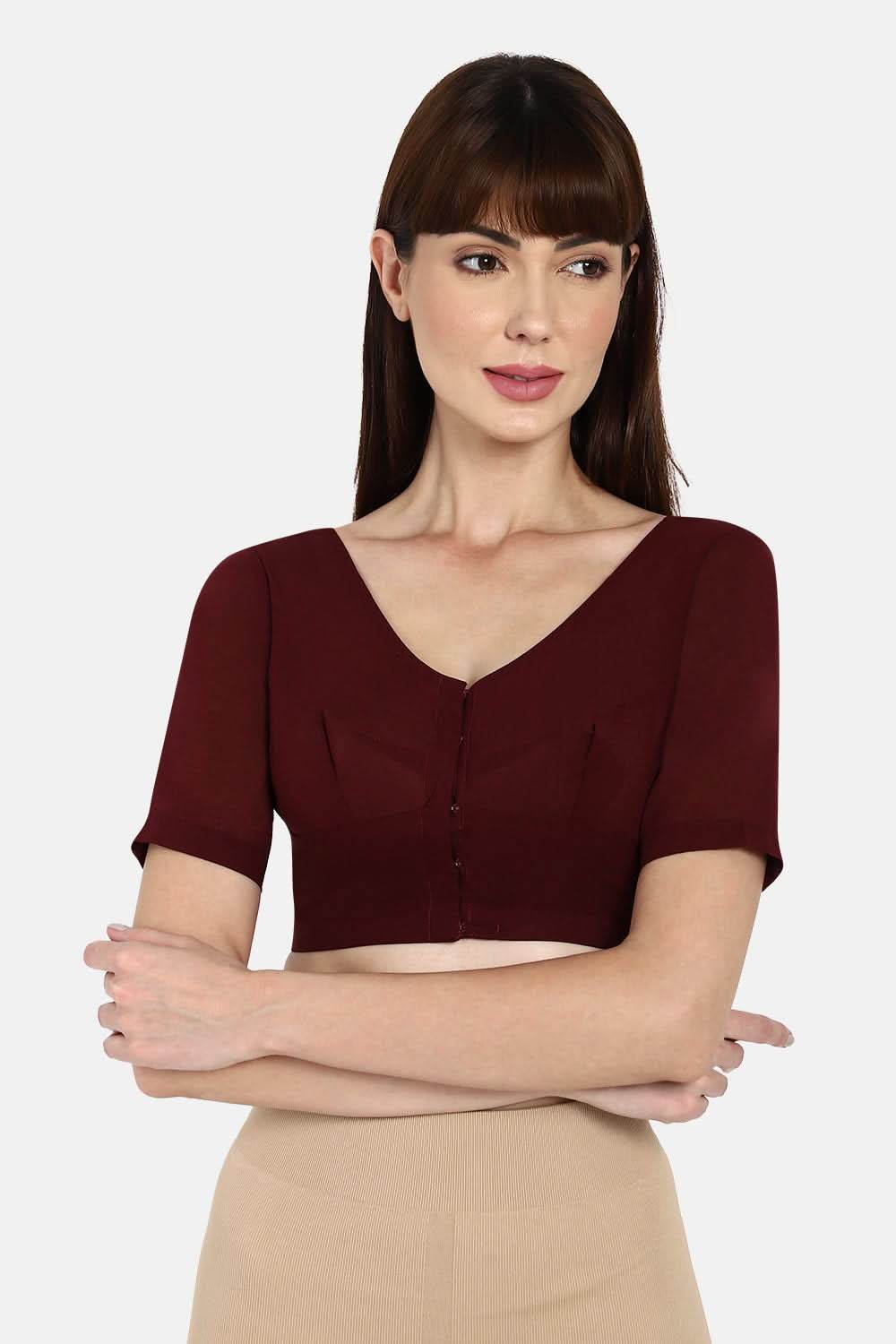 Naidu Hall Non-Wired Non-Padded Cotton Long Sleeve Blouse With Round Neck - Dark Maroon - Naidu Hall Family Store