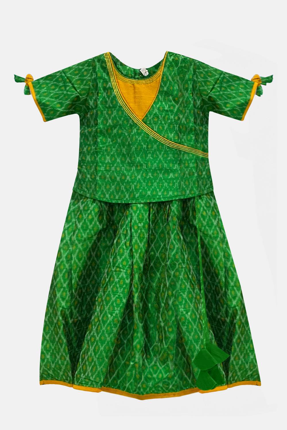 Chittythalli Traditional Pure Ikat Raw Silk Handloom Pavadai Set Wrap with Tie Sleeves & Flared Tassel Skirt - Green - PS84 - Naidu Hall Family Store