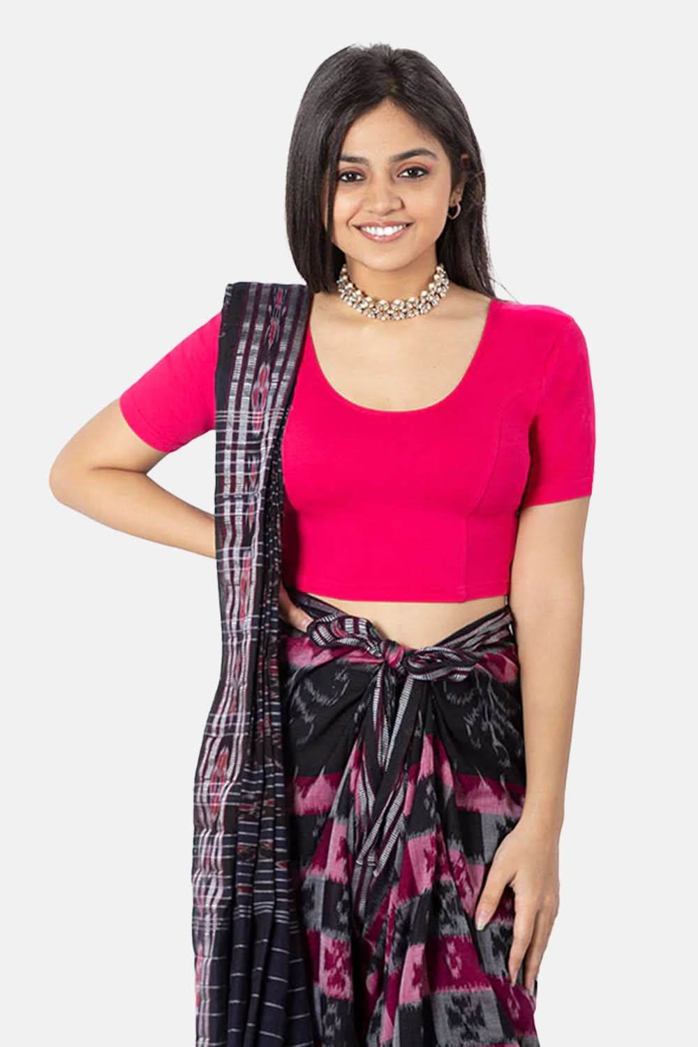 Naidu Hall Knitted Blouse With Round Neck Princess Cut Short Sleeve - Fuschia - Naidu Hall Family Store