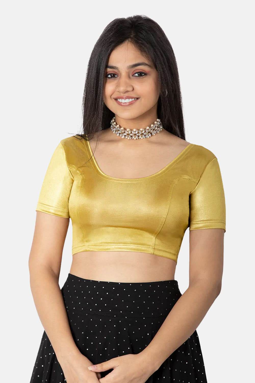 Naidu Hall Non-Padded Knitted Blouse With Round Neck Princess Cut Short Sleeve - Copper Shimmer - Naidu Hall Family Store