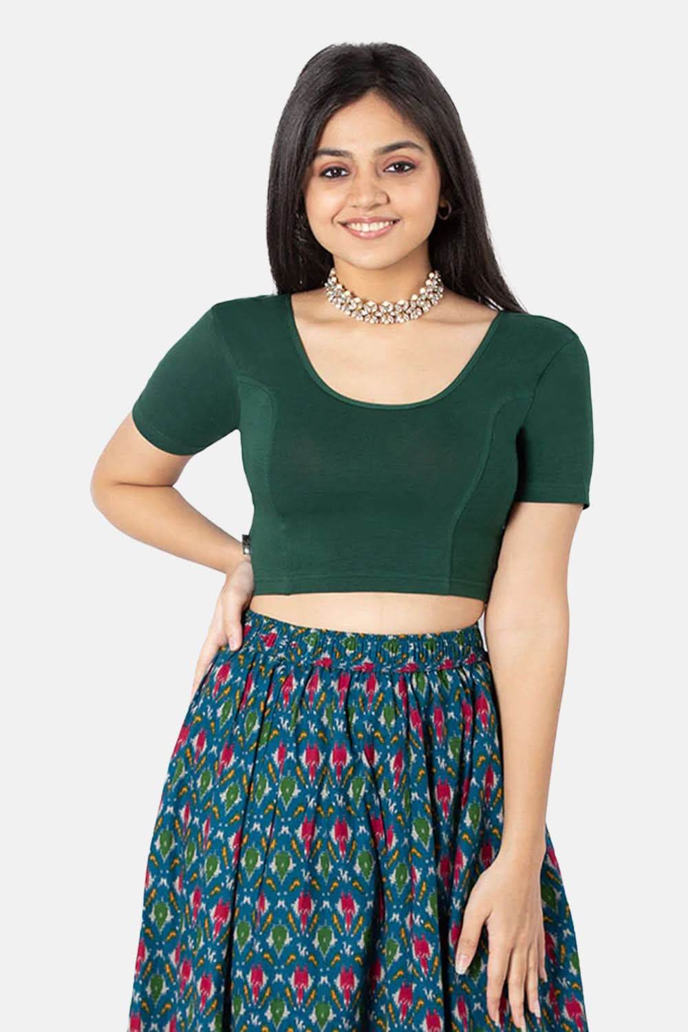 Naidu Hall Full Coverage Non-Padded Knitted Blouse with Round Neck Princess Cut Short Sleeve - Bottle Green - Naidu Hall Family Store