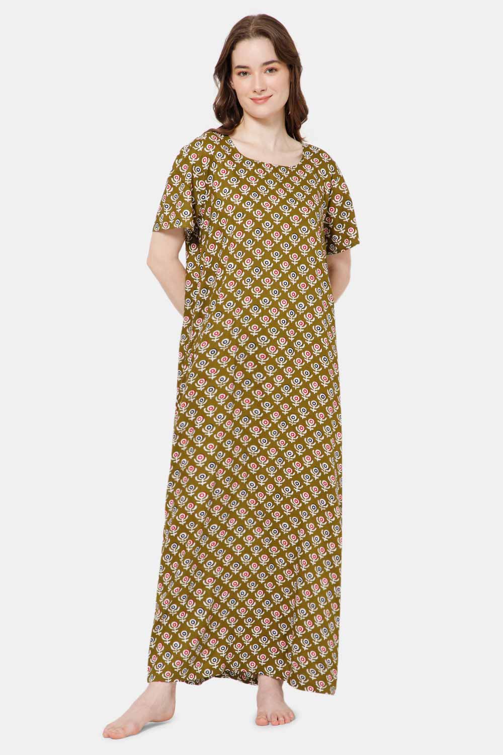 Naidu Hall Printed Nighty with Square Round Neck - Green - NT36
