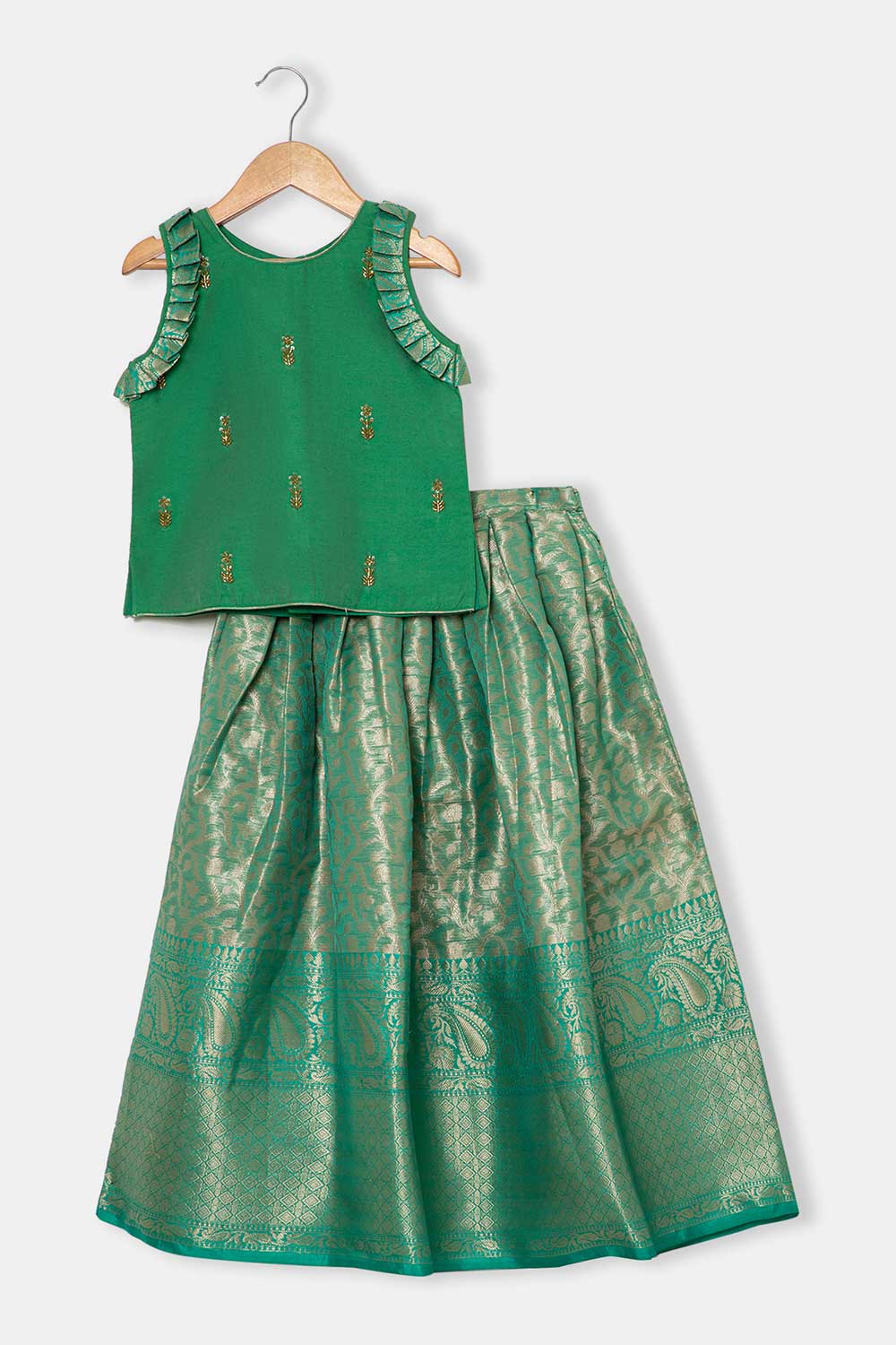 Chittythalli Girls Pavadai Set – Cotton Blend Box Pleated Skirt with Embroidered Butta Blouse - Green - PS47