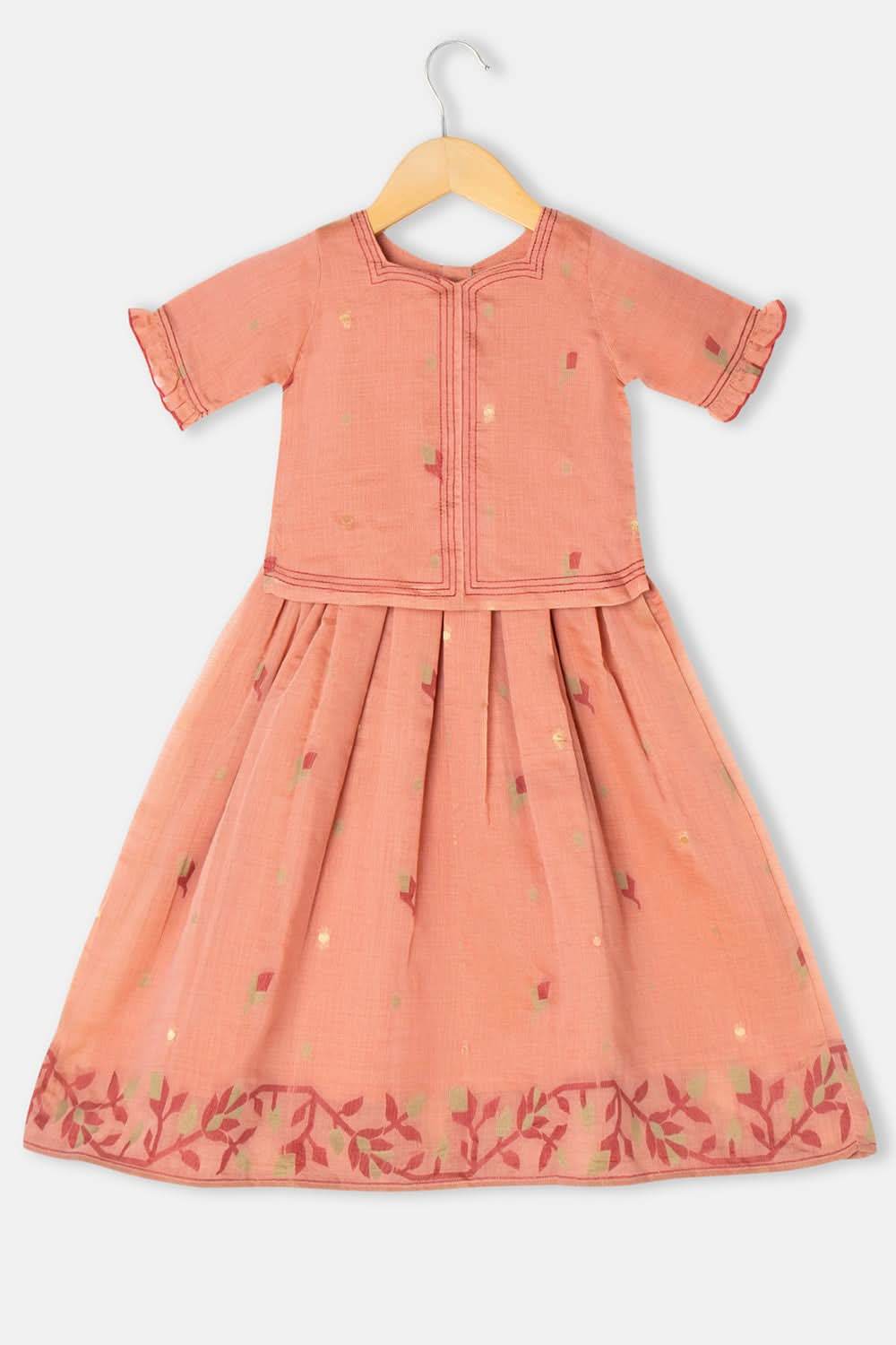 Chittythalli Girls Pavadai Set Cotton Blend with Sweetheart Neckline & Box Pleat Skirt- Peach - PS75 - Naidu Hall Family Store