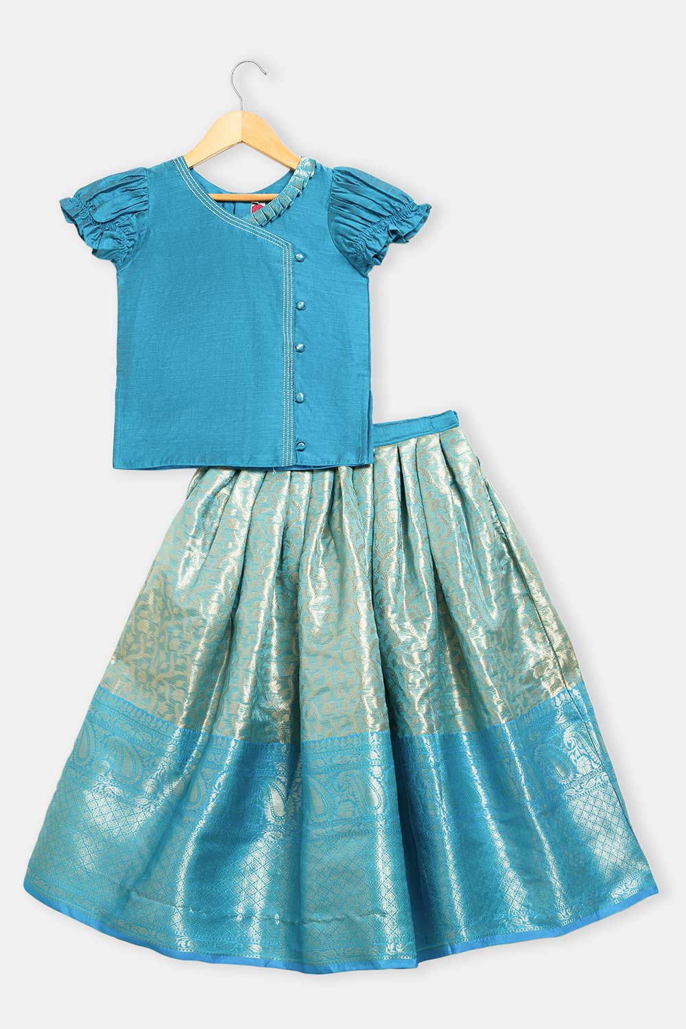 Chittythalli Girls’ Asymmetric Neck Pavadai Set – Brocade Skirt & Cotton Top - Blue - PS50