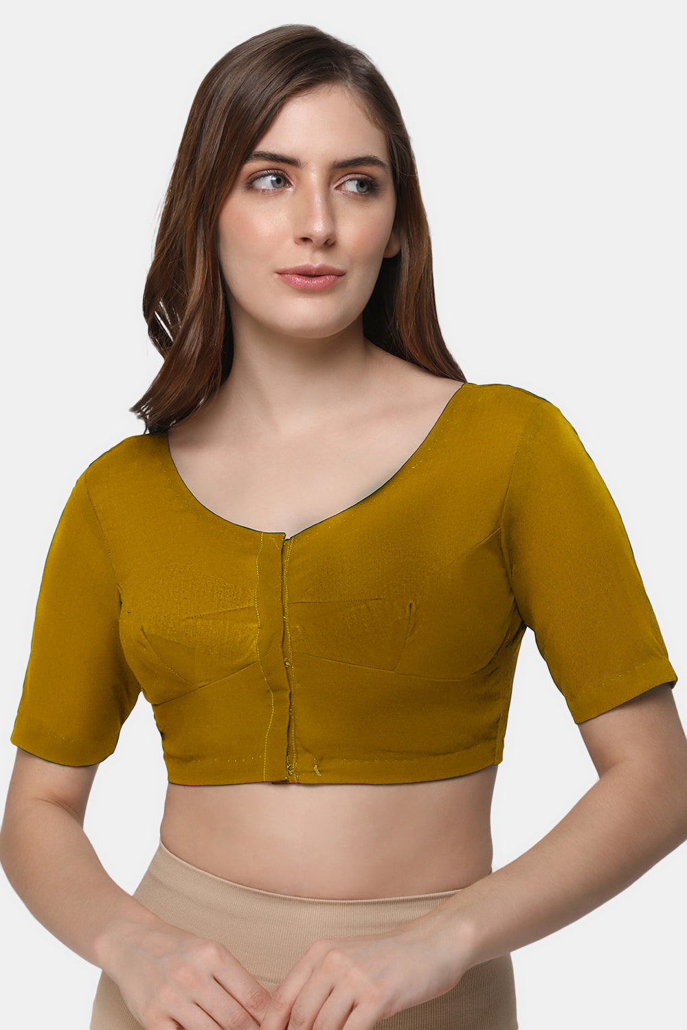 Naidu Hall Women's 2x2 Cotton Saree Blouse | Readymade Round Neck Elbow Sleeve Woven Cotton Blouse | Plain Traditional Blouse for Cotton, Handloom, Linen & Silk Cotton Sarees - RNRE