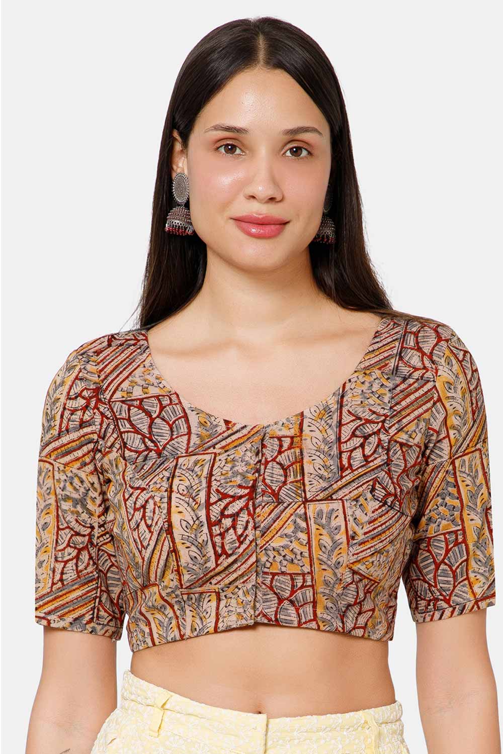 Naidu Hall Women’s Blouse Cotton Kalamkari Padded Front Open U Neck Princess Cut Elbow Sleeve Saree Blouse - Maroon - BU17