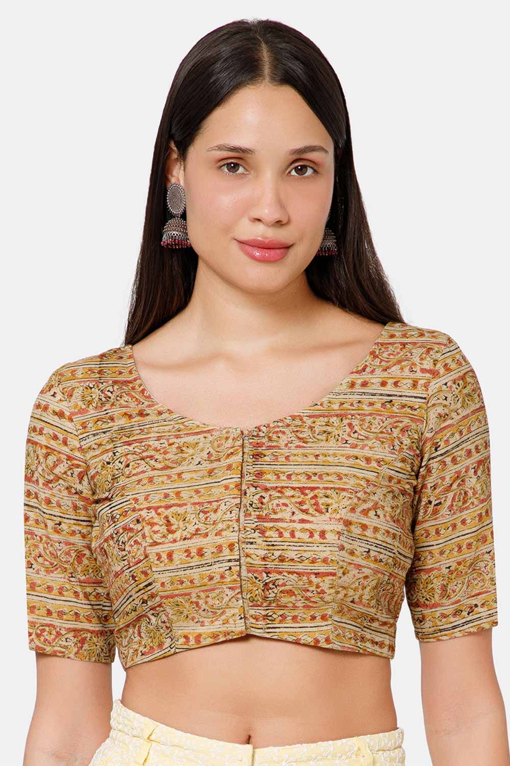 Naidu Hall Women’s Blouse Cotton Kalamkari Padded Front Open U Neck Princess Cut Elbow Sleeve Saree Blouse - Yellow - BU17