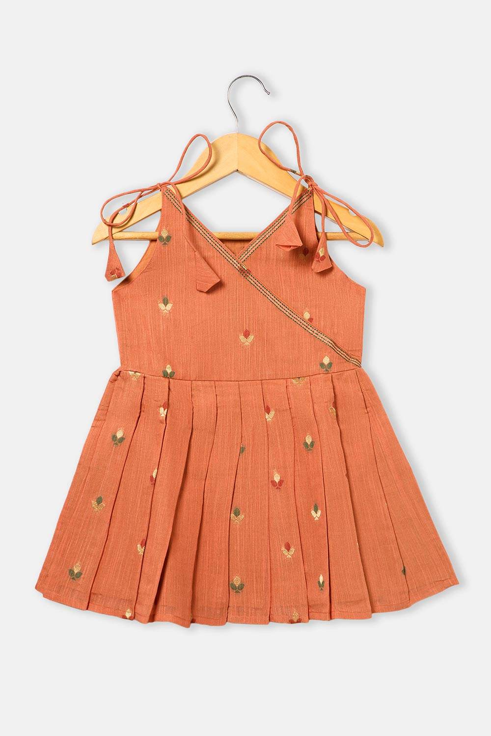 Chittythalli Girls’ Ethnic Frock – Angarkha Cut Top with Chain Stitch Embroidery & Knife Pleated Skirt - Orange - FR39 - Naidu Hall Family Store