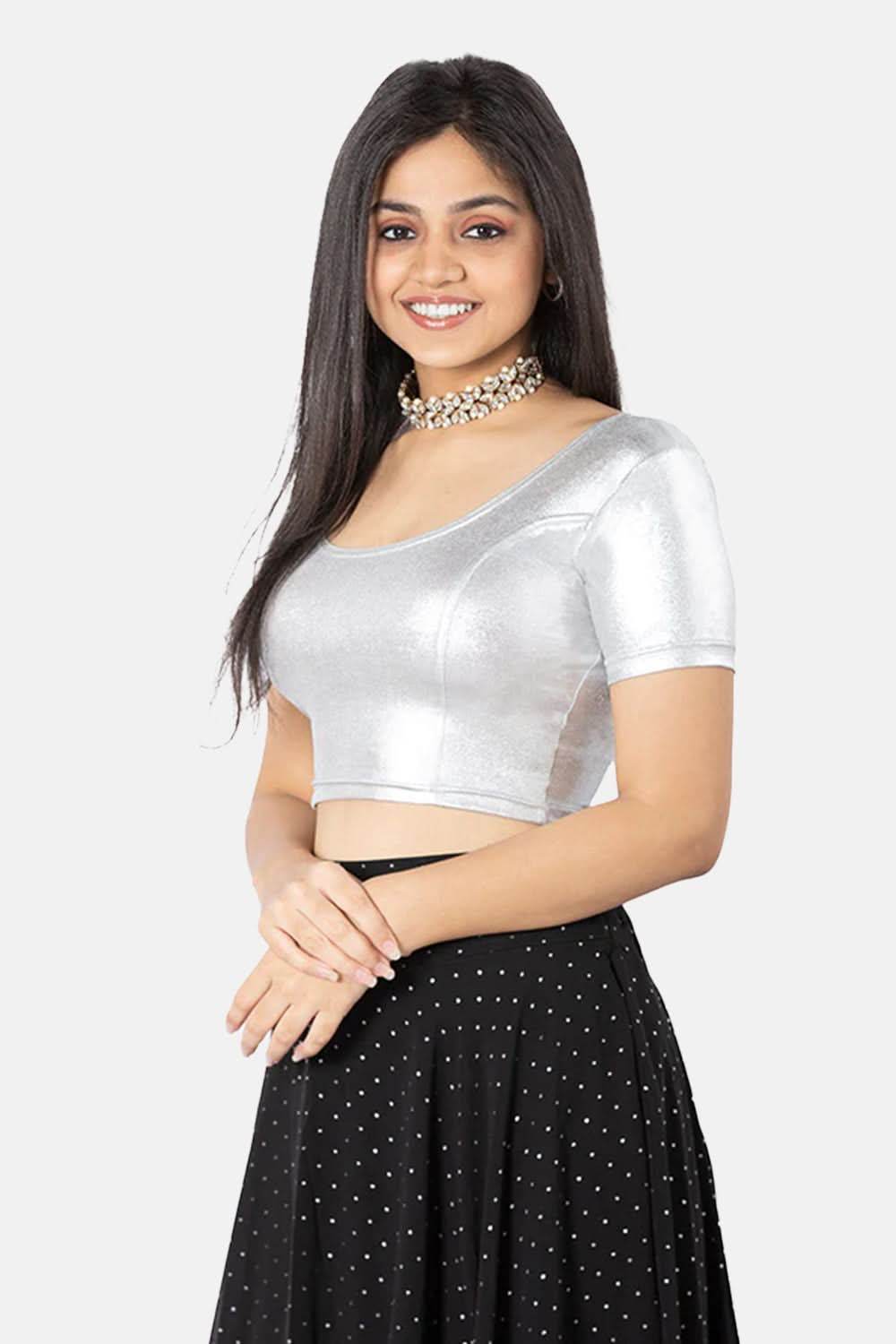 Full Coverage Non-Padded Knitted Blouse With Round Neck Princess Cut Short Sleeve - Silver - Naidu Hall Family Store