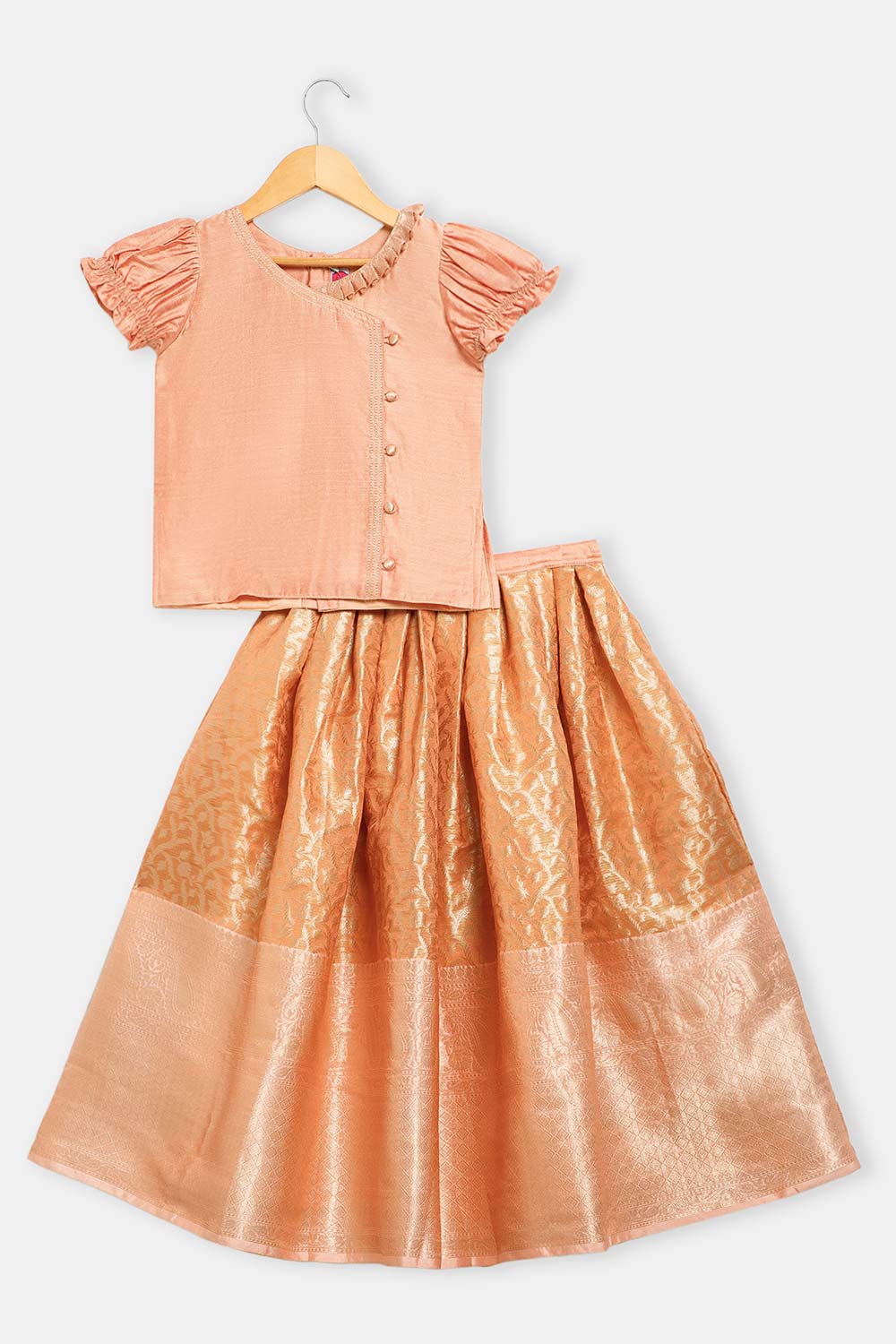 Chittythalli Girls’ Asymmetric Neck Pavadai Set – Brocade Skirt & Cotton Top - Peach - PS50