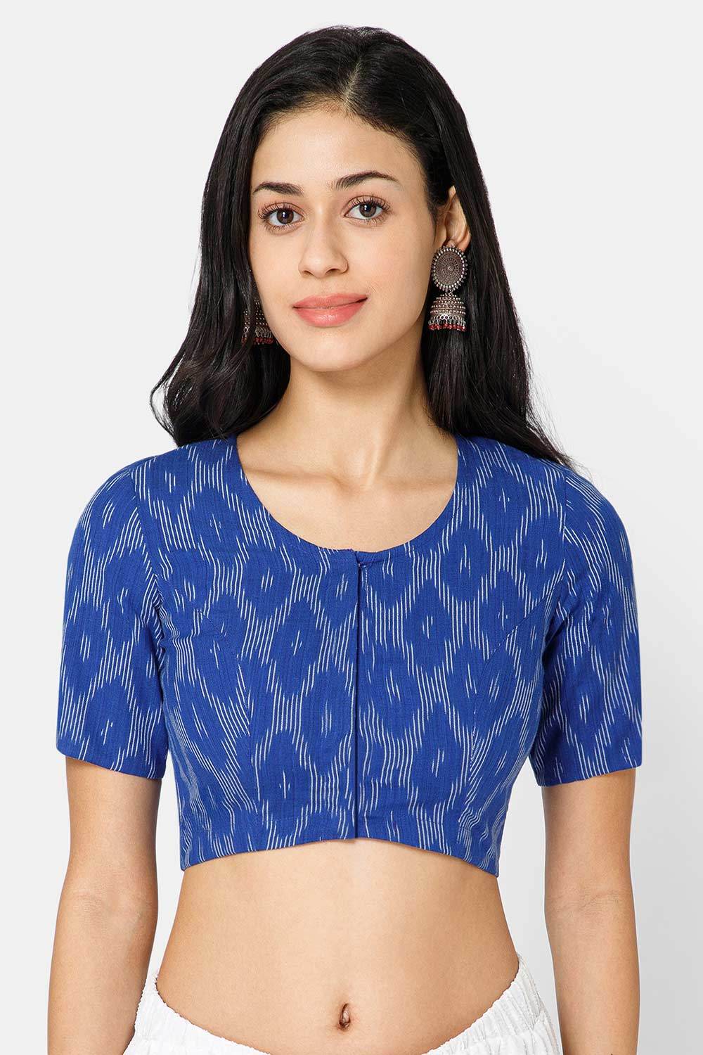 Naidu Hall Women’s Designer Cotton Ikat Blouse V-Neck Front Open with Elbow Sleeves - Blue - BU16 - Naidu Hall Family Store