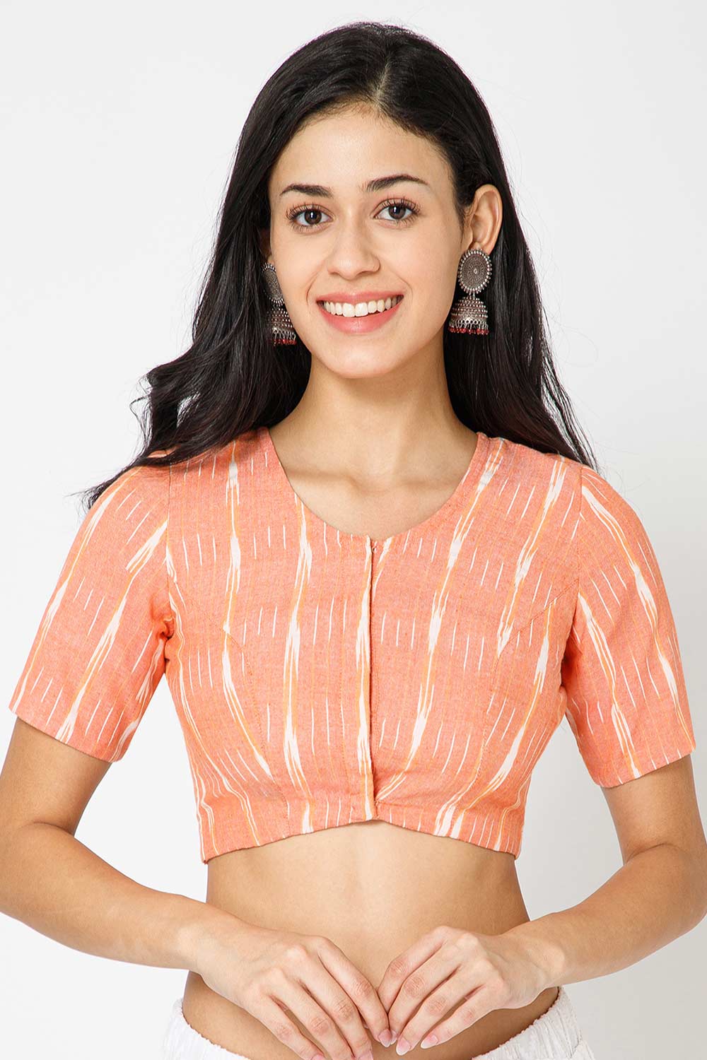 Naidu Hall Women’s Designer Cotton Ikat Blouse V-Neck Front Open with Elbow Sleeves - Peach - BU16