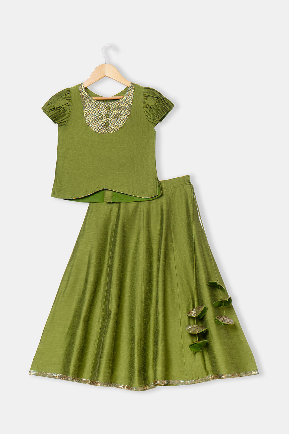 Chittythalli Girls Pavadai Skirt and Top Set Traditional Indian Outfit Festive Ethnic Wear with Puff Sleeves - Dark Green - PS33