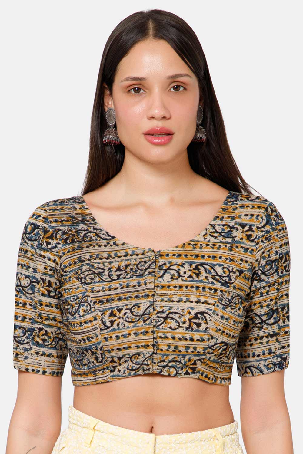Naidu Hall Women’s Blouse Cotton Kalamkari Padded Front Open U Neck Princess Cut Elbow Sleeve Saree Blouse - Indigo - BU17