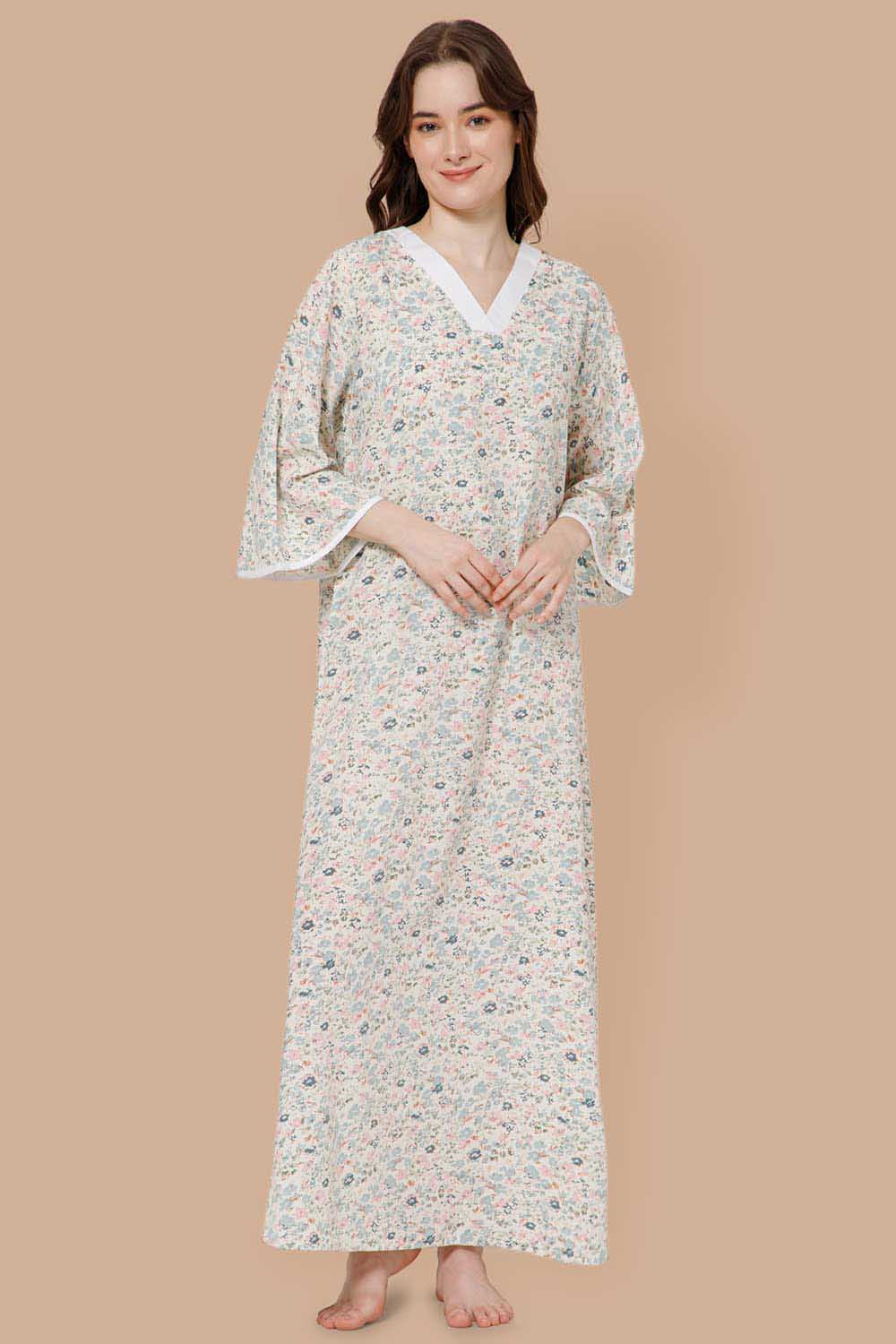 Naidu Hall V Neck Printed Nighty with Long Bell Sleeves - Green - NT40