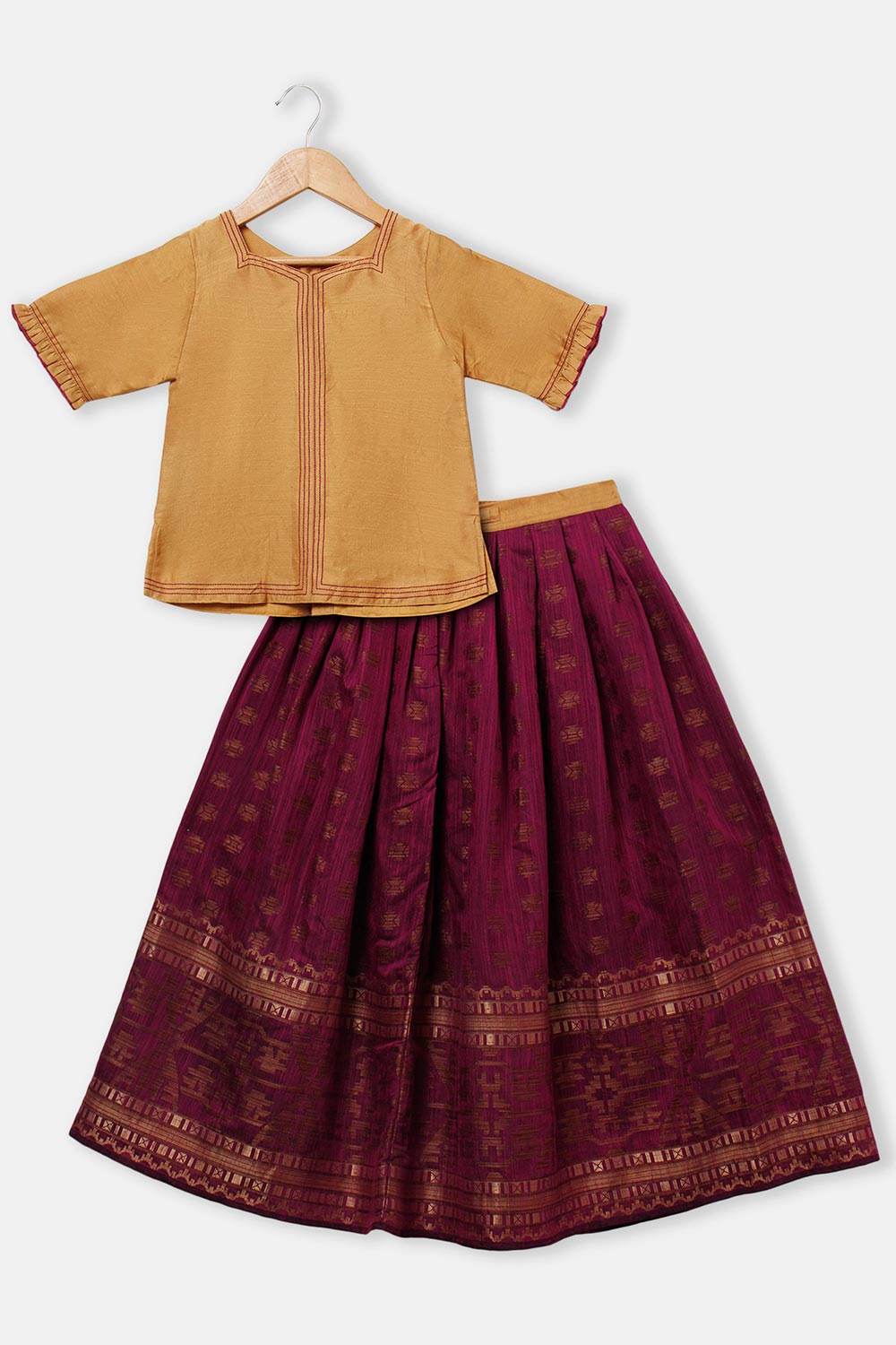 Chittythalli Girl's Pavadai Set – Sweetheart Neck Top with Ruffle Sleeves & Knife-Pleated Skirt - Purple - PS75 - Naidu Hall Family Store