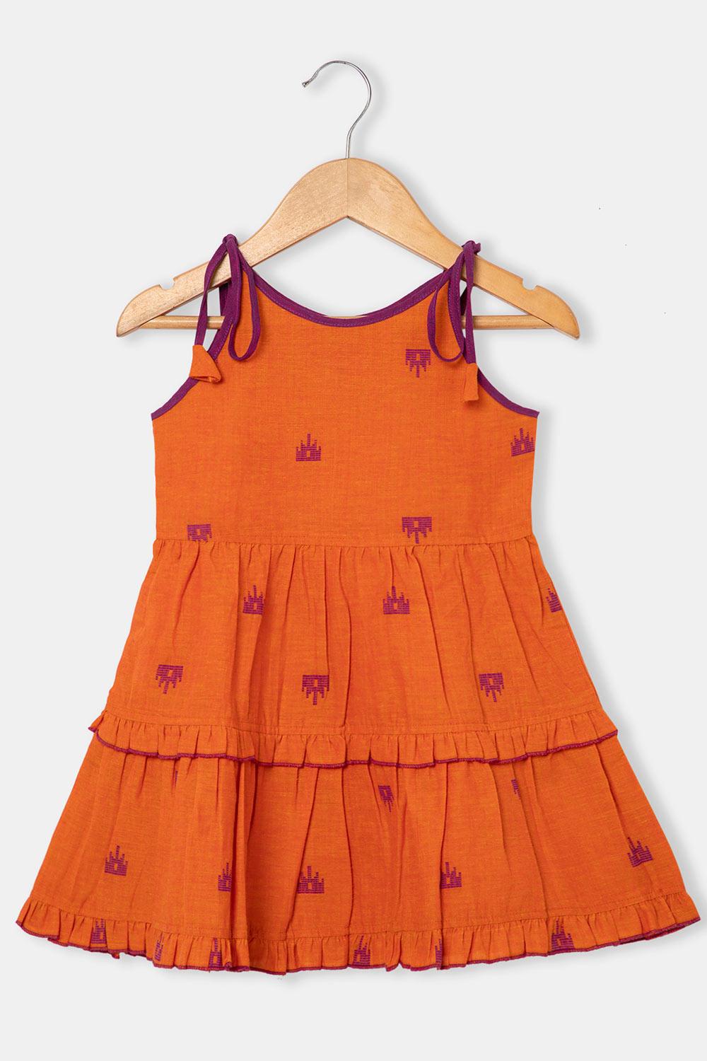 Chittythalli Girls Ethnic Layered Frock with Ruffles & Tassels – Handloom Butta Dress - Orange - FR24