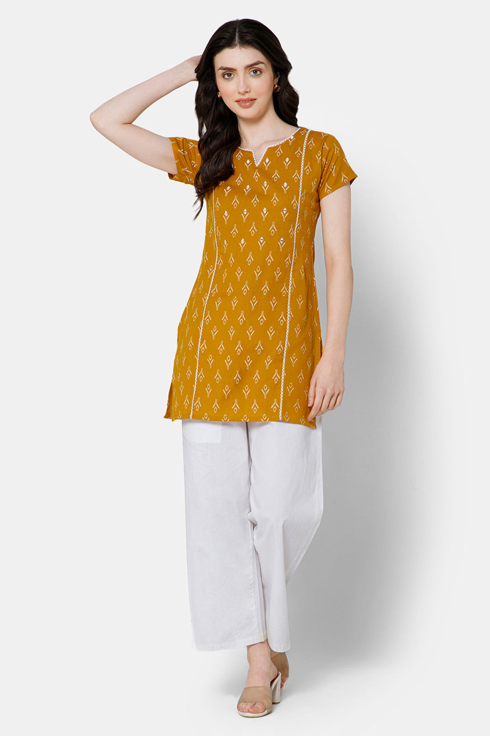 Mythri Women's Casual Tops with Minimalistic Mirror Embroidery With Lace At  The Neckline And Princess Line - Mustard - E009
