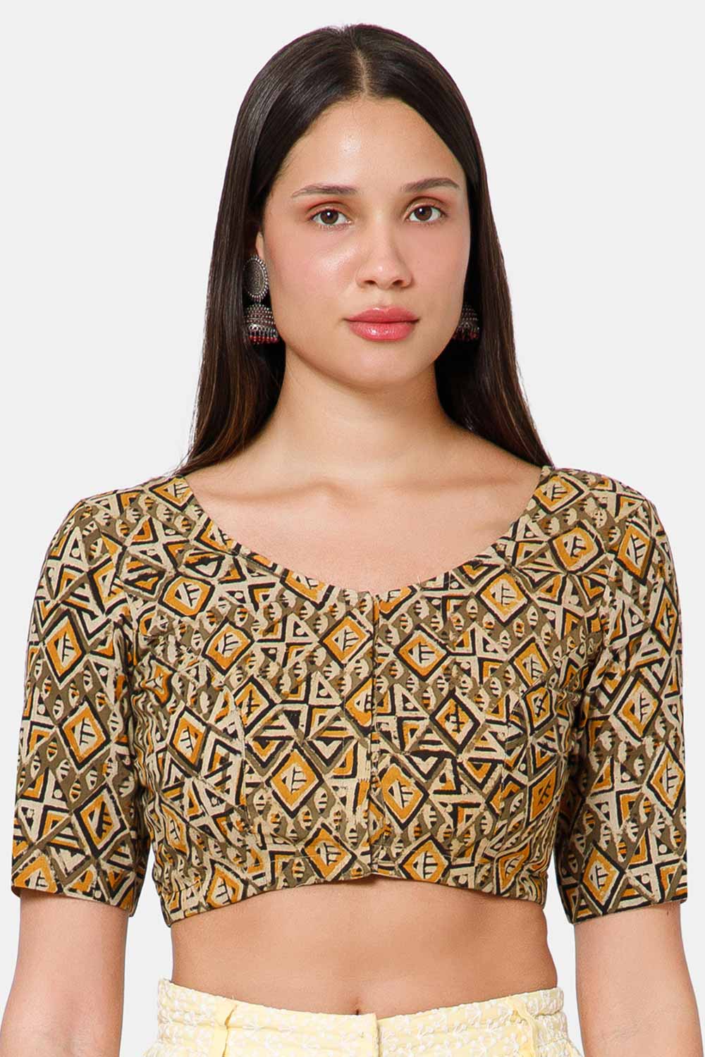 Naidu Hall Women’s Blouse Cotton Kalamkari Padded Front Open U Neck Princess Cut Elbow Sleeve Saree Blouse - Green - BU17