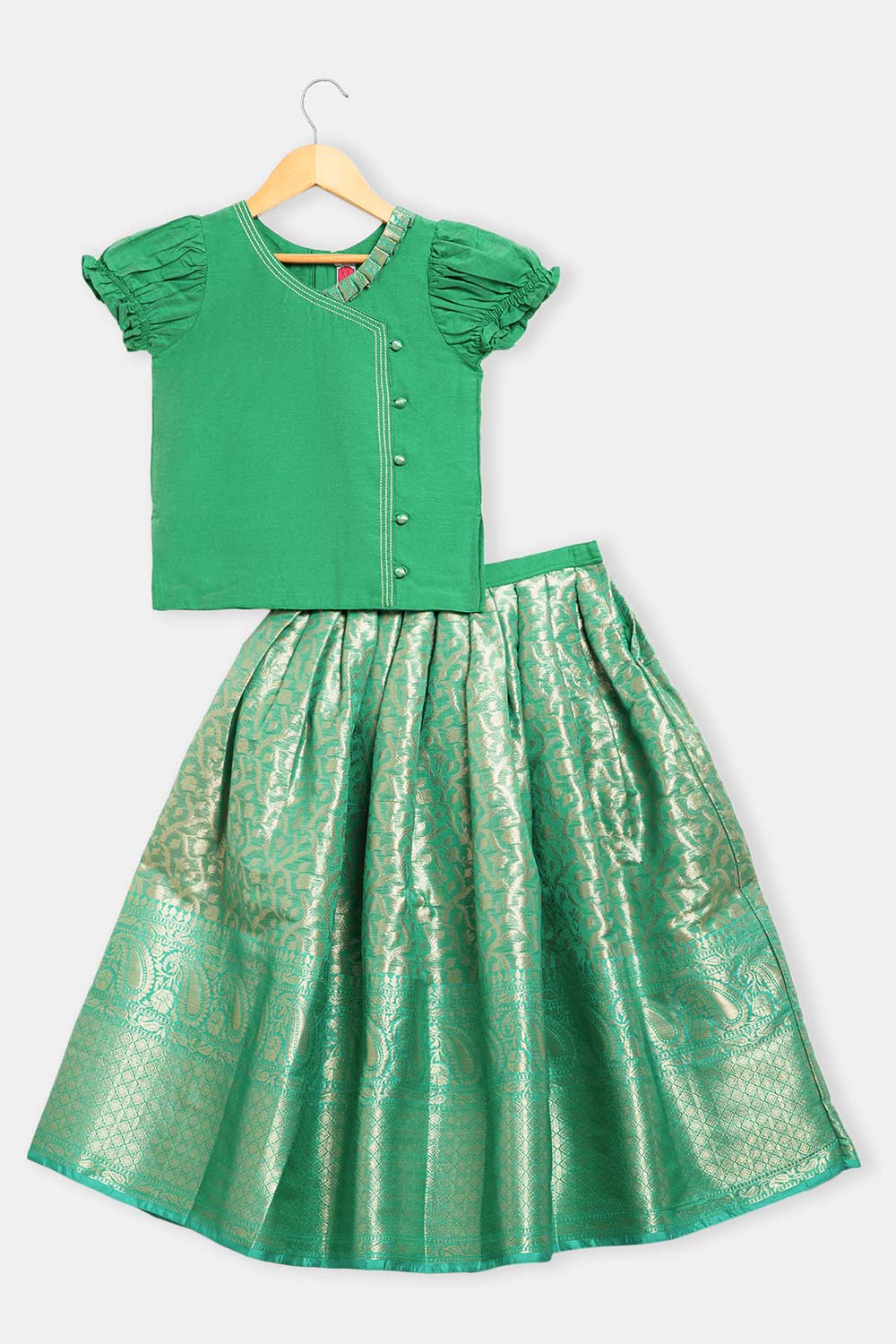 Chittythalli Girls’ Asymmetric Neck Pavadai Set – Brocade Skirt & Cotton Top - Pista Green - PS50