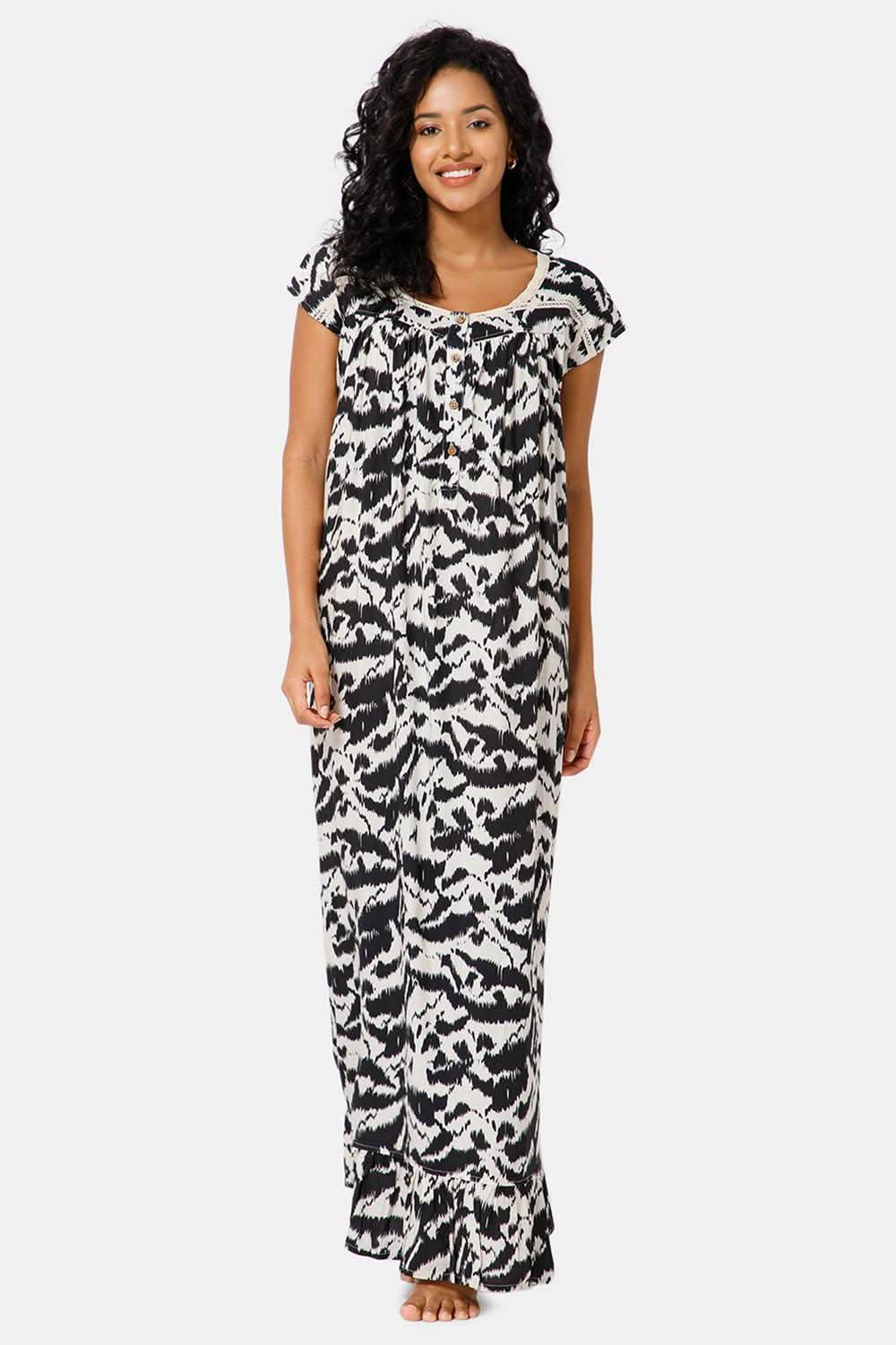 Naidu Hall Front Open Round Neck Mega Sleeve Printed Nighty-Black print-2 - NT39 - Naidu Hall Family Store
