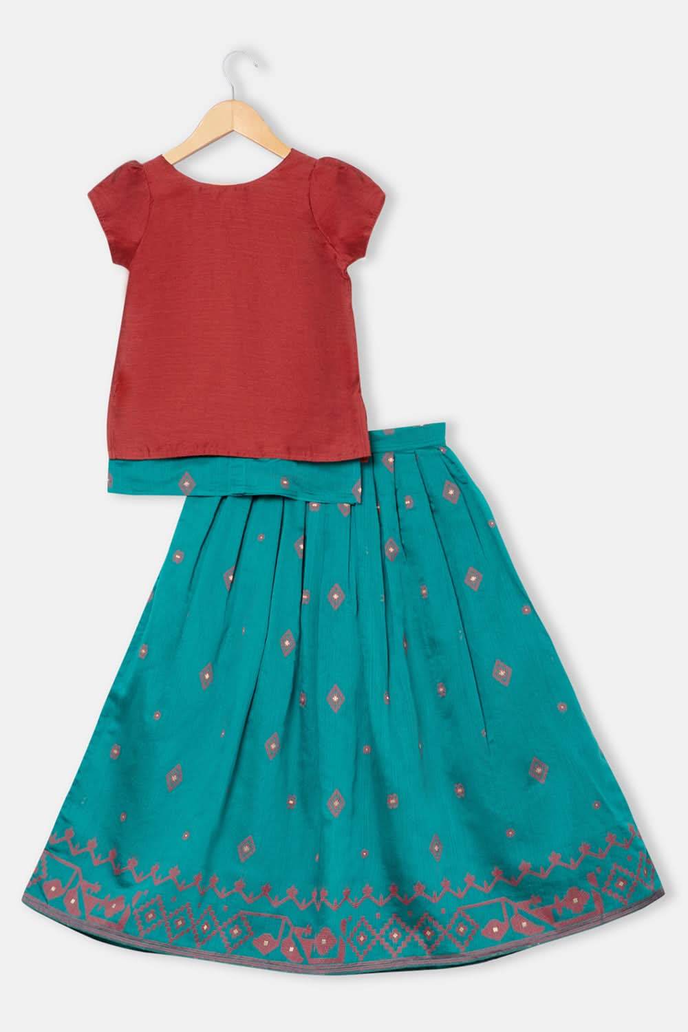 Chittythalli Girls 3-Piece Pavadai Set Spaghetti Strap Inner Box Pleat Skirt Embroidered Overcoat - Orange - PS74 - Naidu Hall Family Store