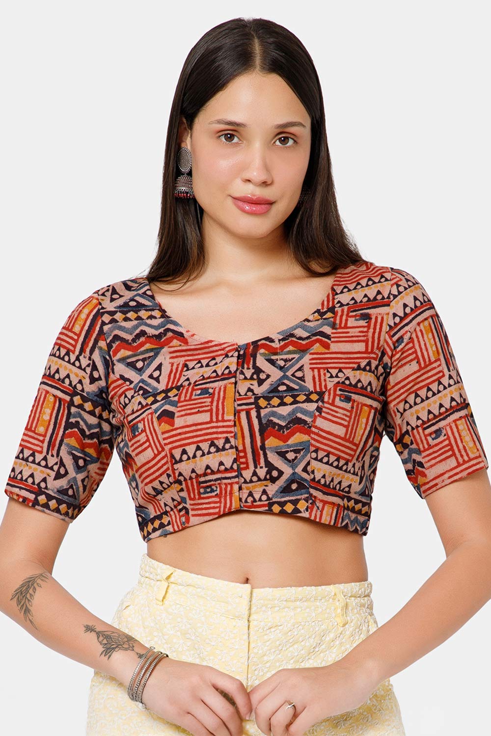 Naidu Hall Women’s Blouse Cotton Kalamkari Padded Front Open U Neck Princess Cut Elbow Sleeve Saree Blouse - Red - BU17