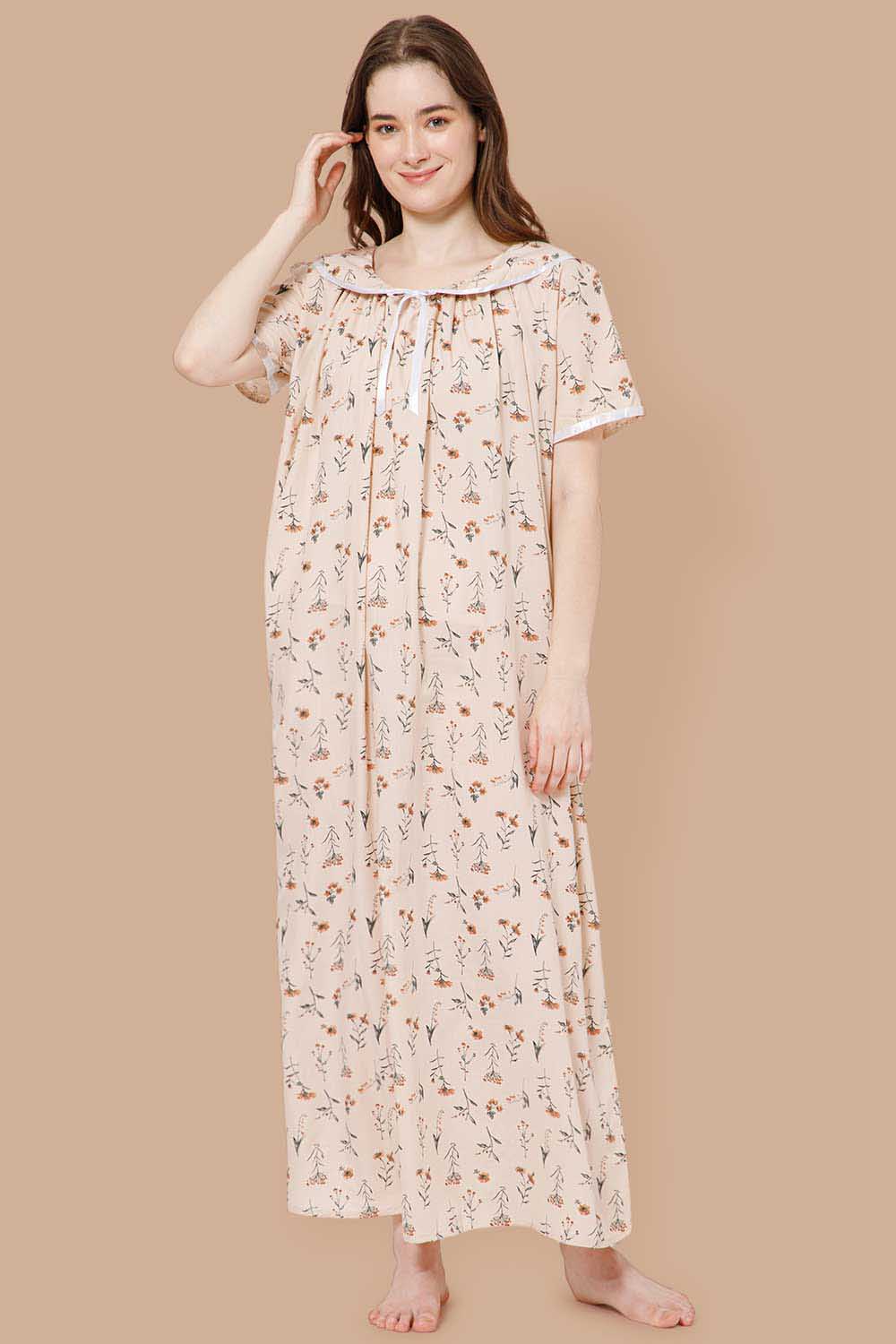 Naidu Hall Detailed Lace Nighty with Peter Pan Collar Neck - Orange - NT38