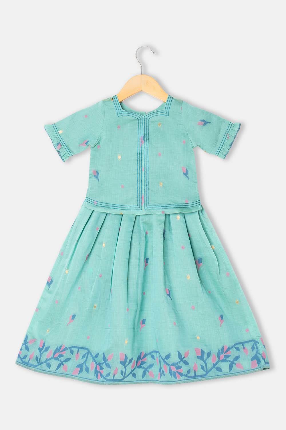 Chittythalli Girls Pavadai Set Cotton Blend with Sweetheart Neckline & Box Pleat Skirt- Sky Blue - PS75 - Naidu Hall Family Store